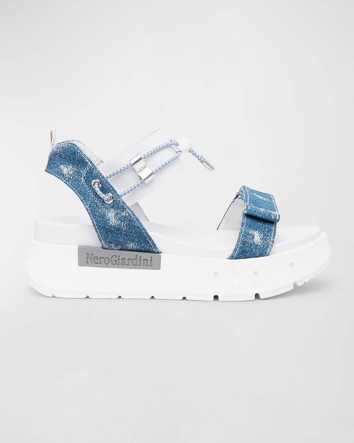 Shop Nerogiardini Bungee Sporty Sandals In Denim / White