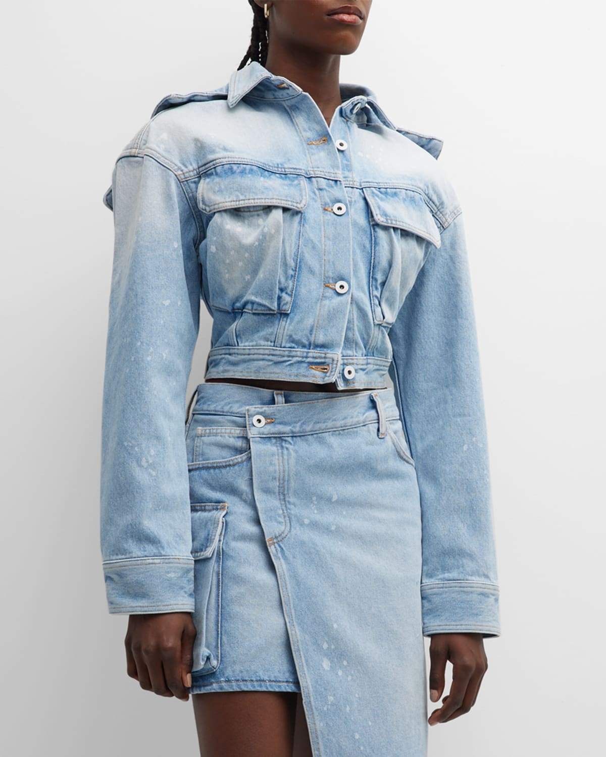 Off-white Toy Box Splatter Paint Crop Denim Jacket With Detachable Hood In Light Blue