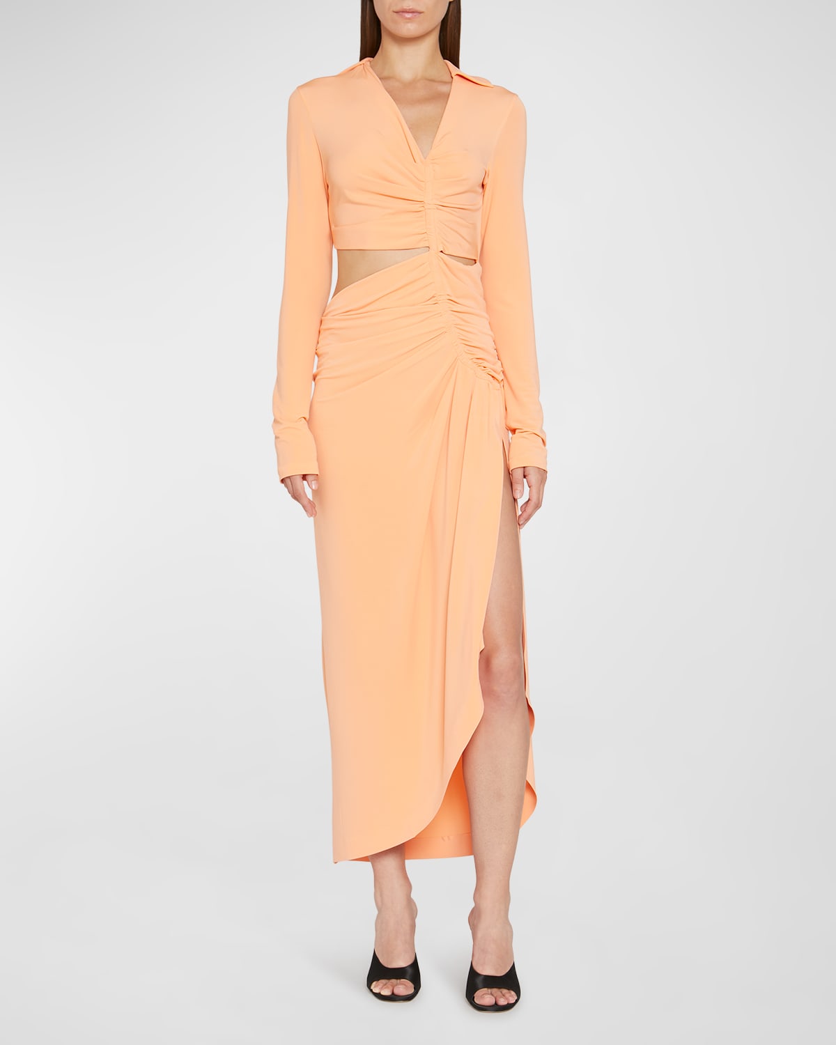 Ruched Cutout Crepe Midi Shirtdress