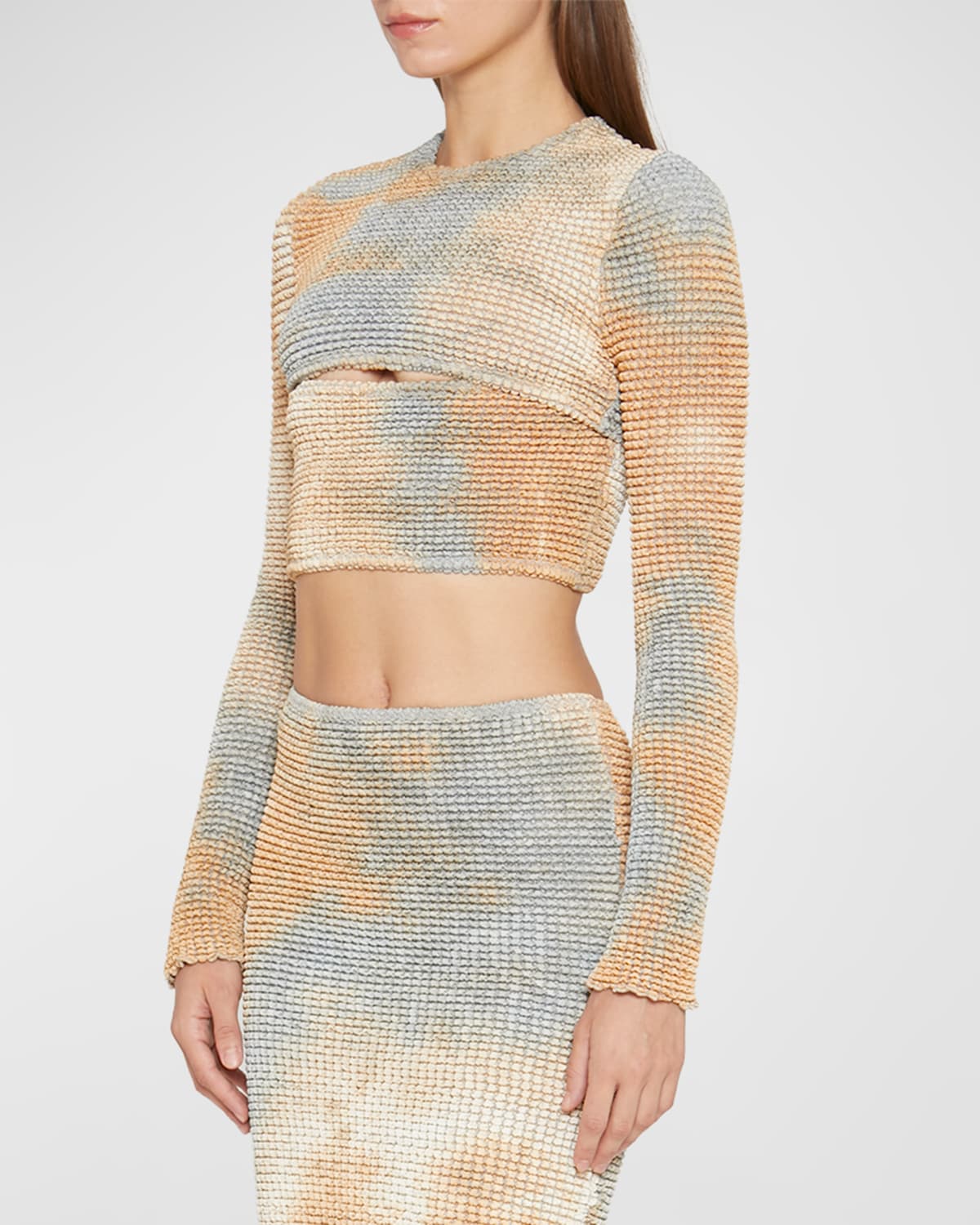Off-white Slash Cutout Tie-dye Smocked Crop Top In Camel