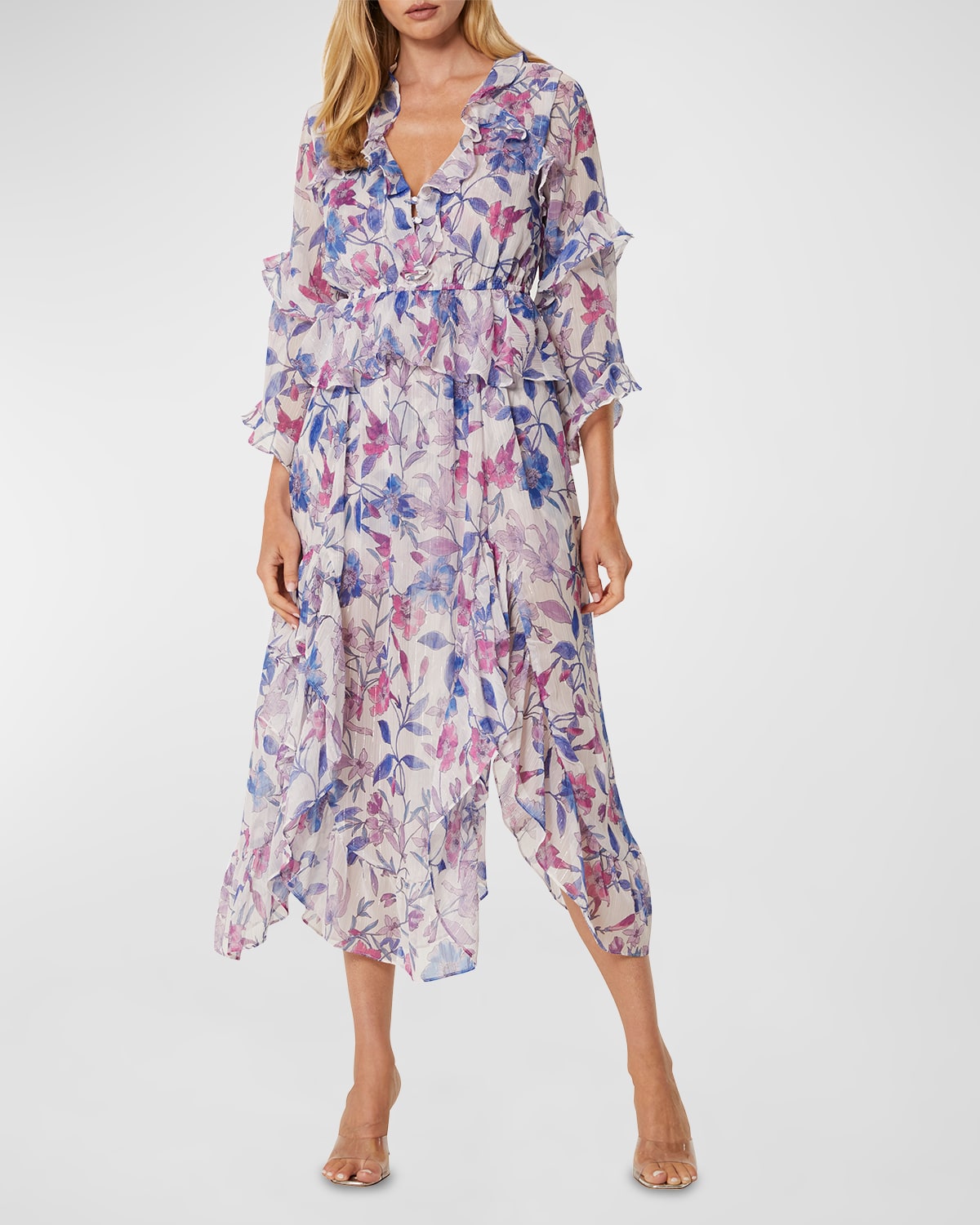 MISA Los Angeles Karina Ruffle-Trim Floral Chiffon Midi Dress