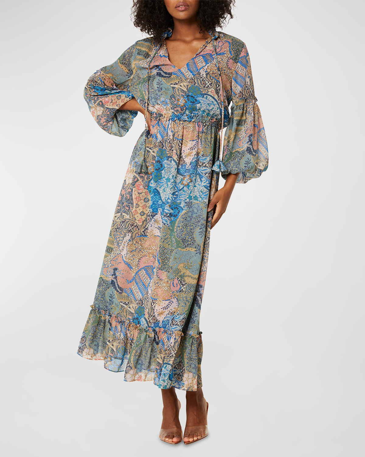 Amata Blouson-Sleeve Patchwork Maxi Dress