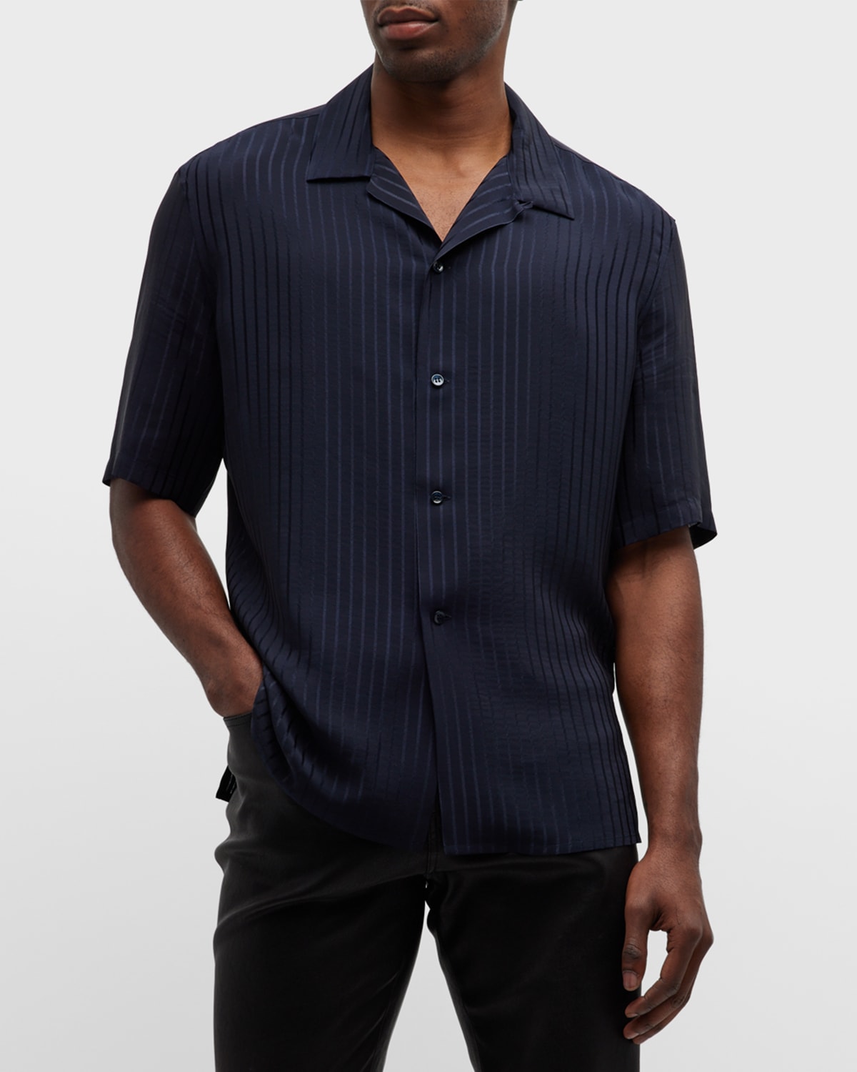 Saint Laurent Men's Jacquard Stripe Silk Camp Shirt In Blue
