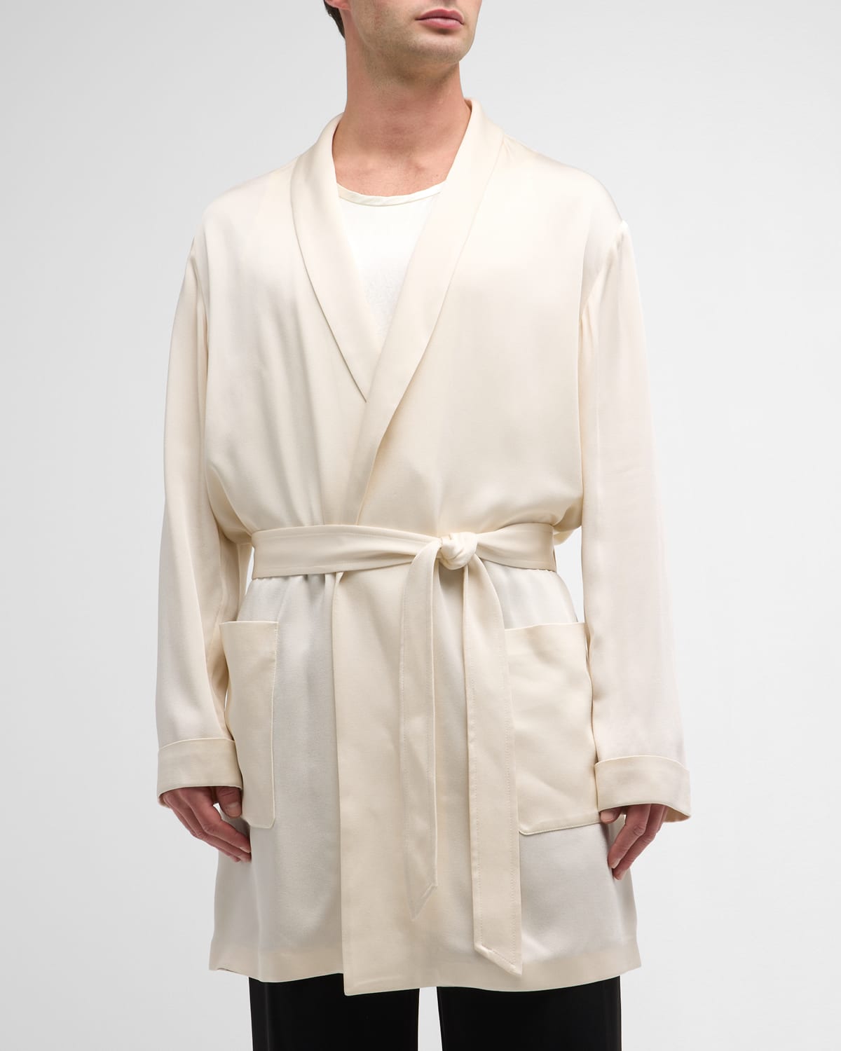 Shop Saint Laurent Men's Short Satin Robe In Cream