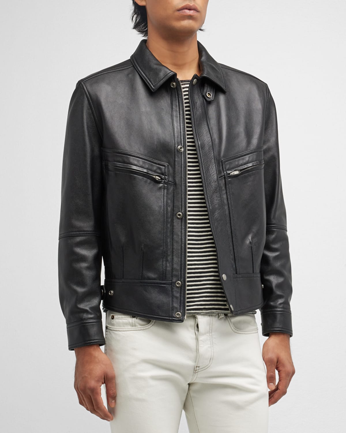 Shop Saint Laurent Men's Leather Bomber Jacket In Nero