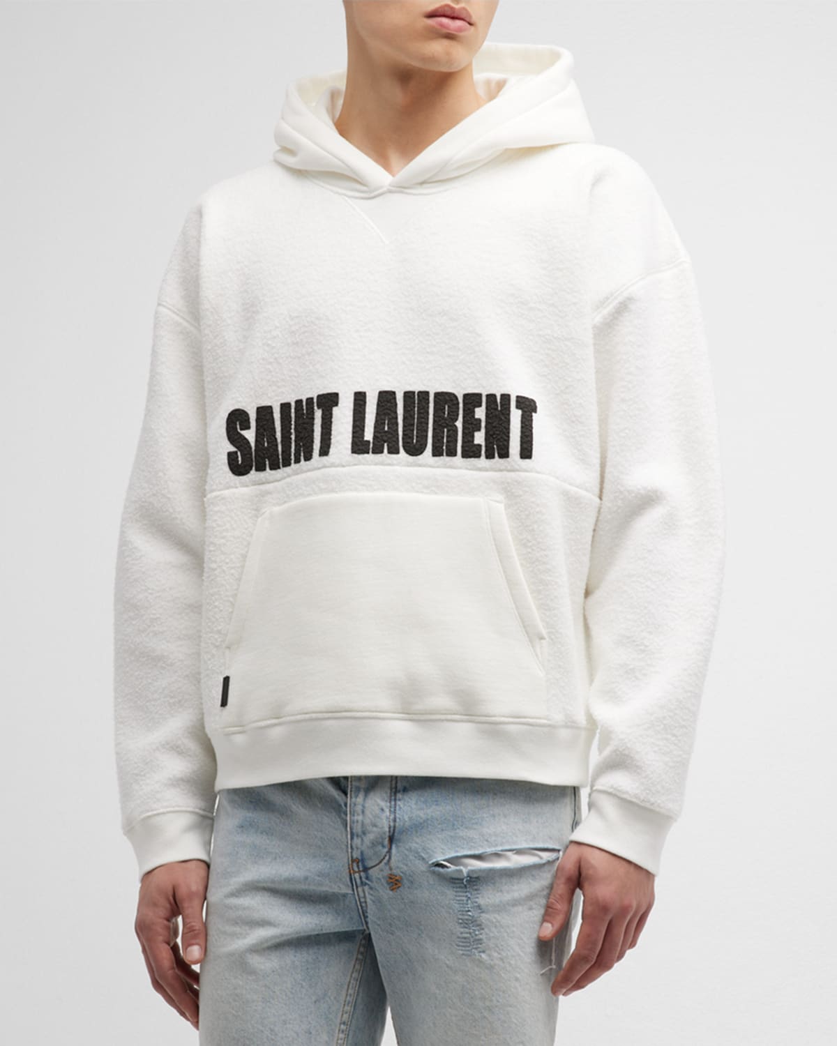 Saint Laurent Logo-print Textured Hoodie In Nero-natur