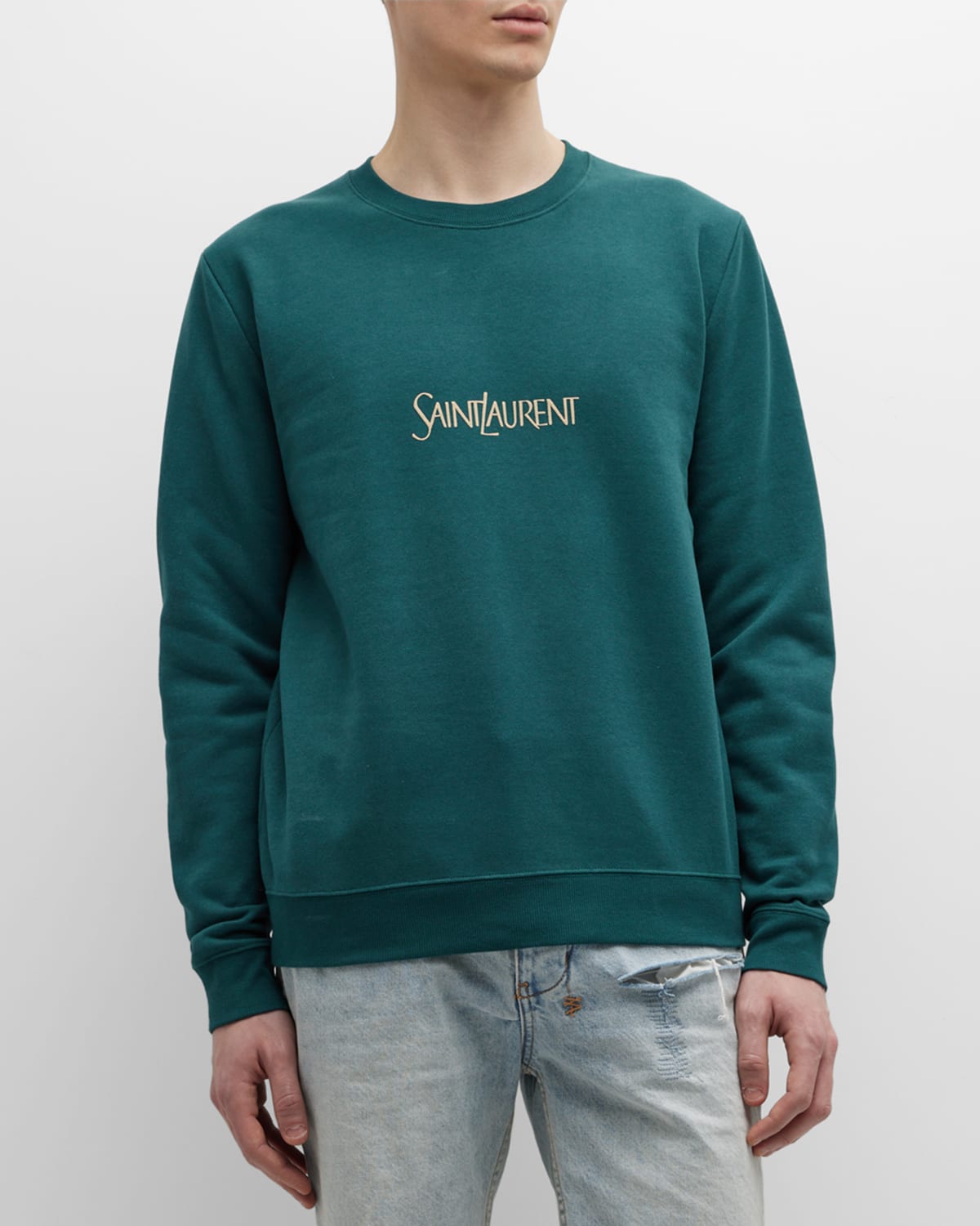 Shop Saint Laurent Men's Logo Cotton Crew Sweatshirt In Deep Green