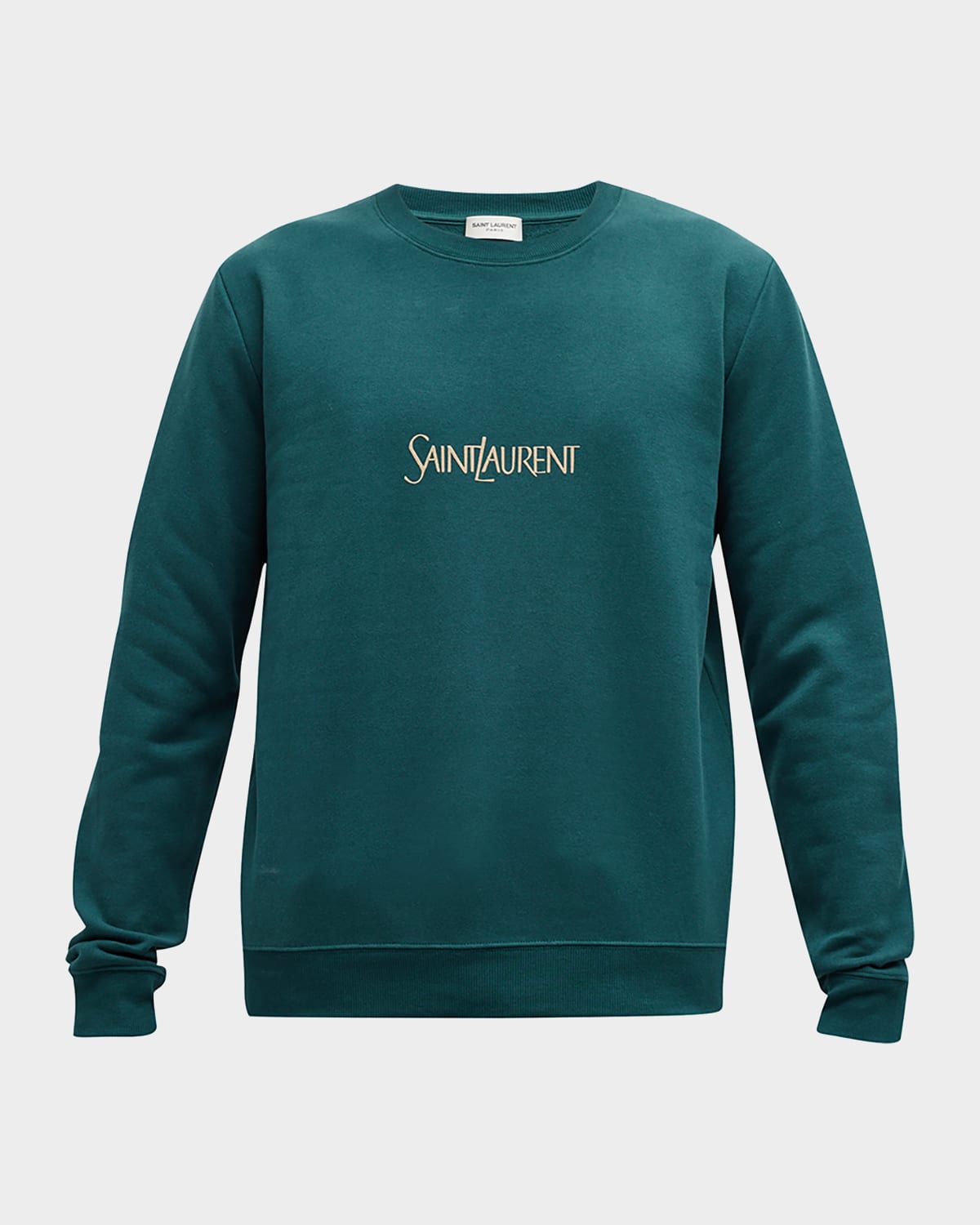 Shop Saint Laurent Men's Logo Cotton Crew Sweatshirt In Deep Green