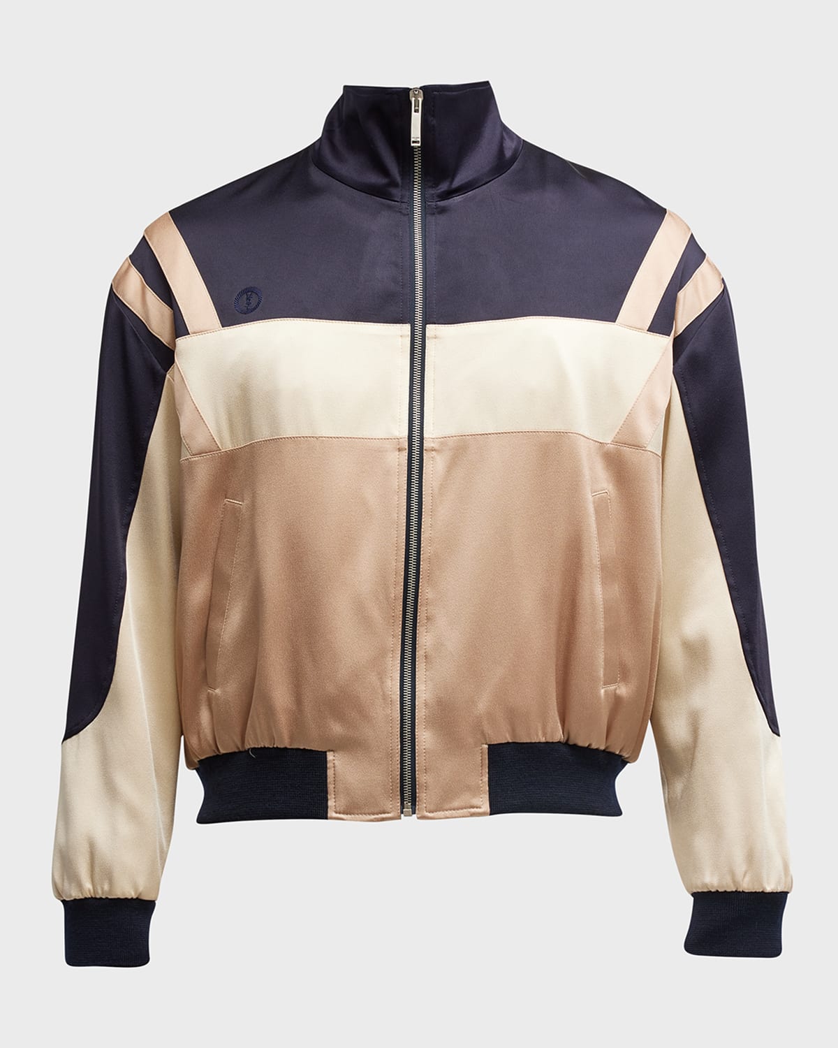 Saint Laurent Panelled Logo Satin Bomber Jacket In Beige