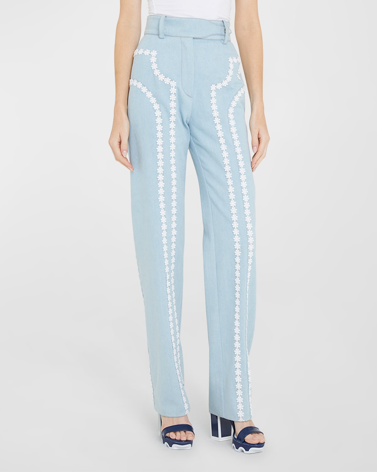 Casablanca Daisy-lace Border Paneled Straight-leg Denim Trousers In Bleached Denim