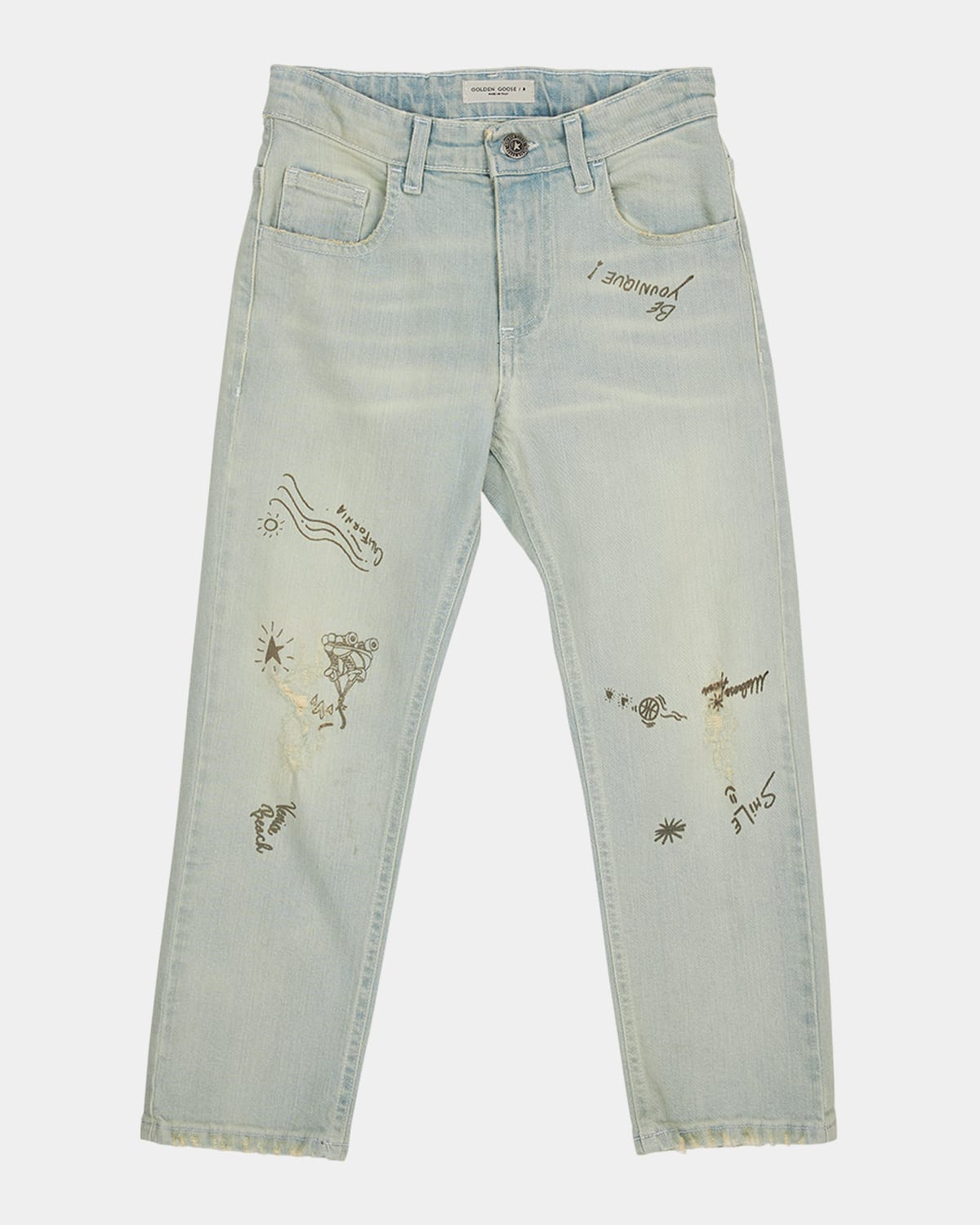 Boy's Doodle-Print Bleached Washed Jeans, Size 12