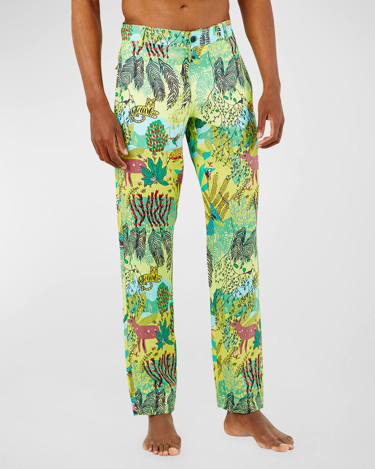 Men's Jungle Rousseau-Print Relaxed-Leg Linen Pants