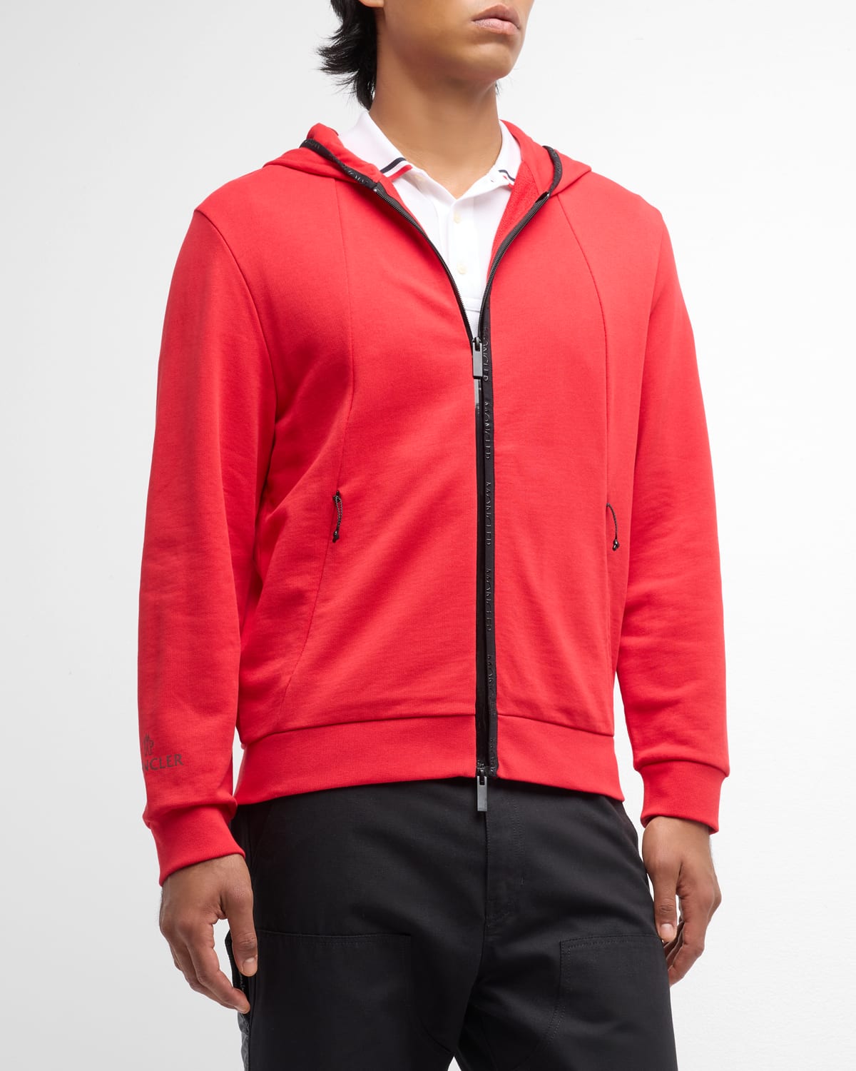 Moncler Men's Zip-front Logo Tape Hoodie In Dark Red | ModeSens