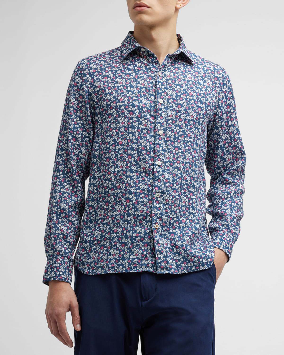 Swims Men's Amalfi Floral Linen Long-sleeve Shirt In Navy