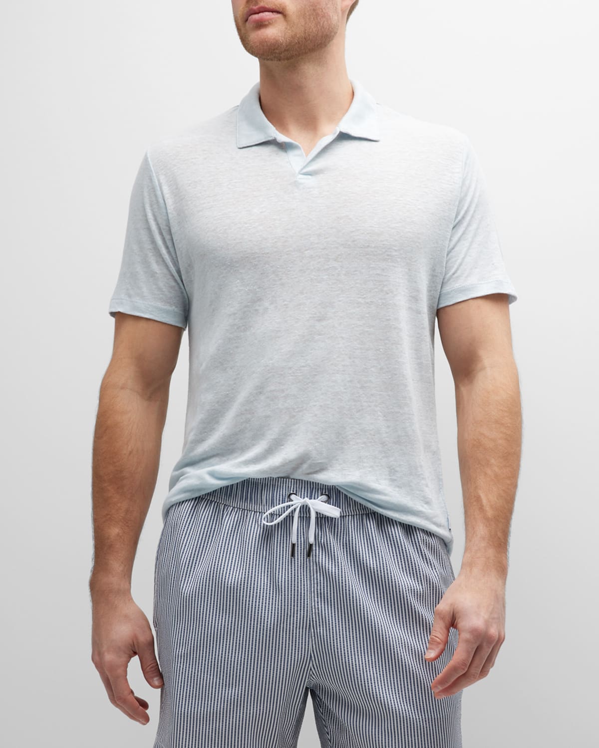 Onia Men's Open-collar Linen Polo Shirt In Heather Grey