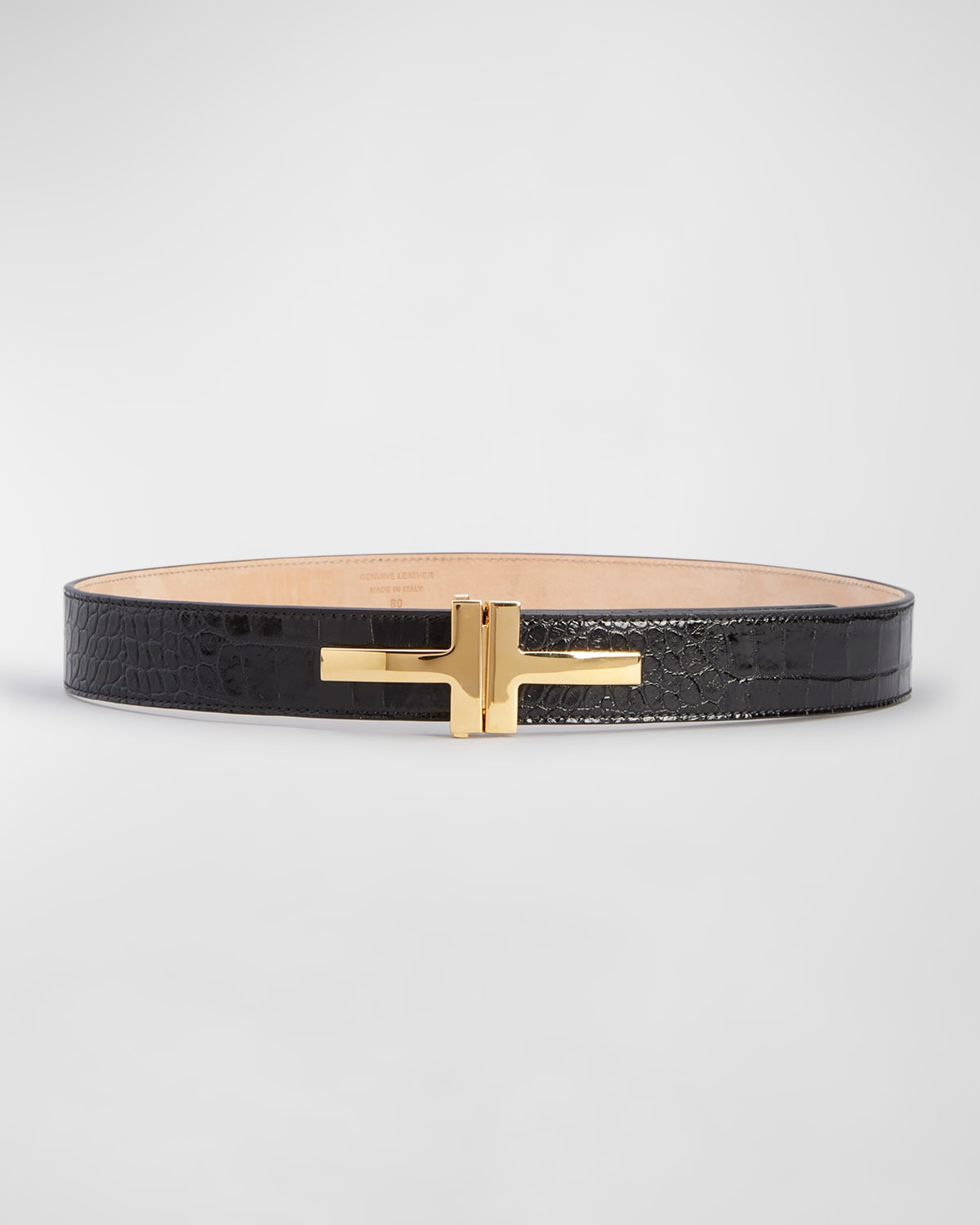 Shop Tom Ford Double T Croc-embossed Leather Belt In Black