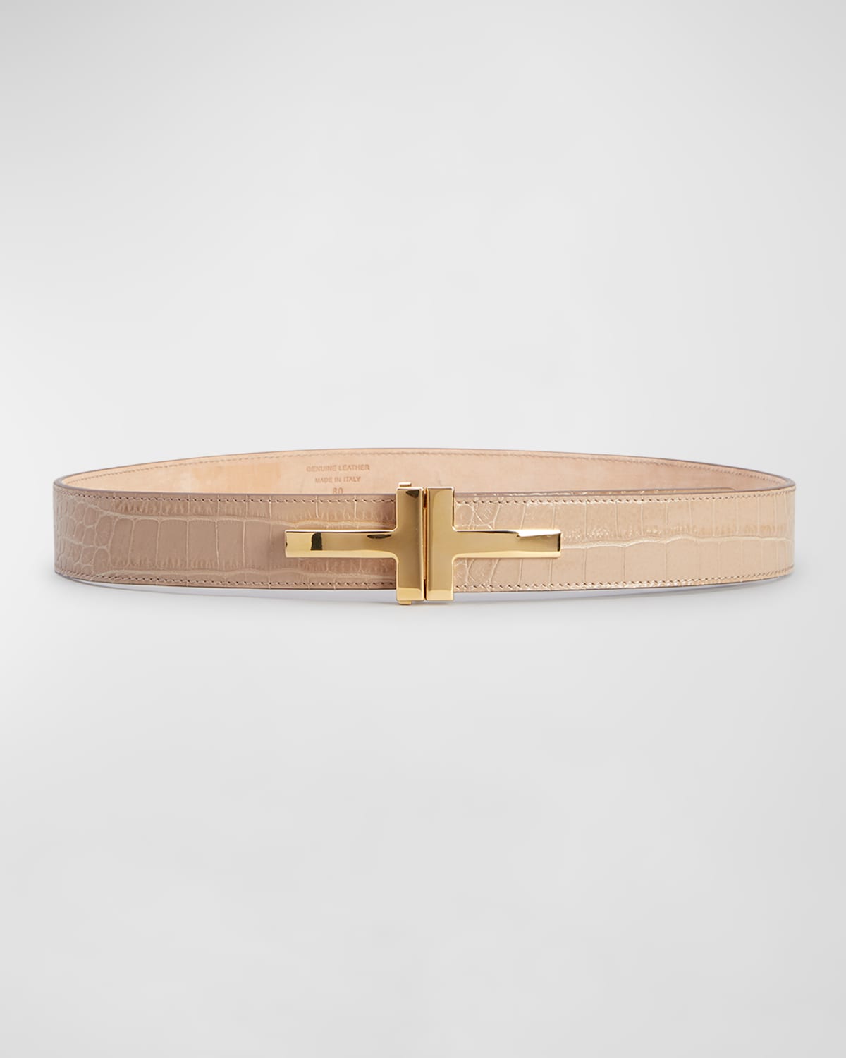 Tom Ford Double T Croc-embossed Leather Belt In Silk Taupe