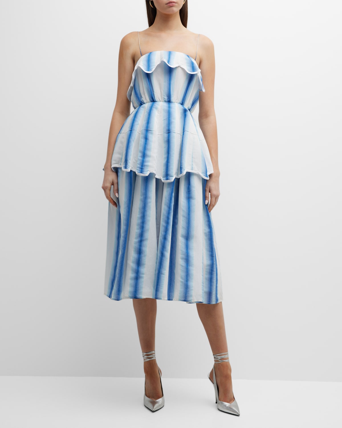 Shop Rosie Assoulin Awning Striped Scalloped Peplum Midi Dress In Blue Ombre