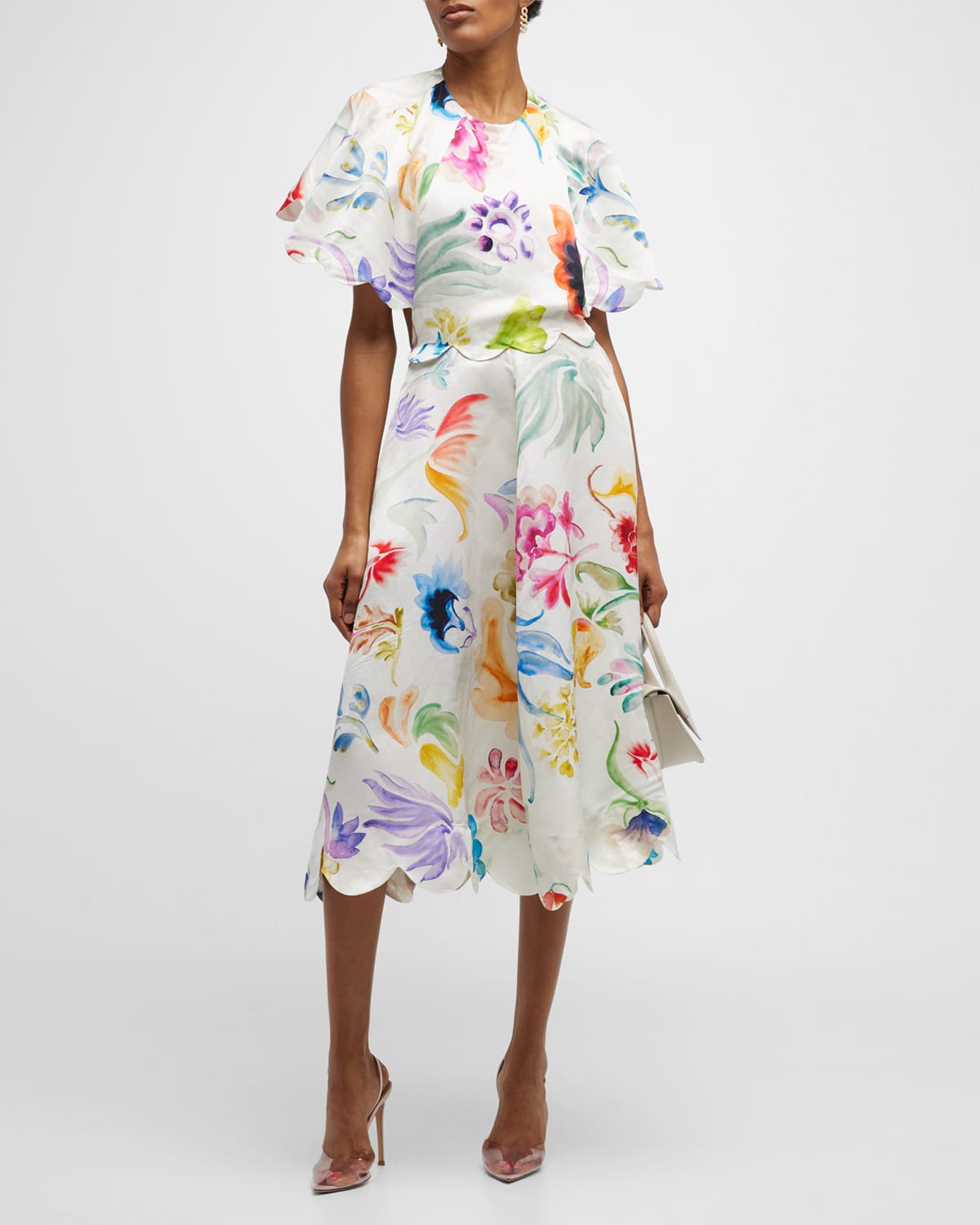 Buttercup Watercolor-Print Scalloped Midi Dress