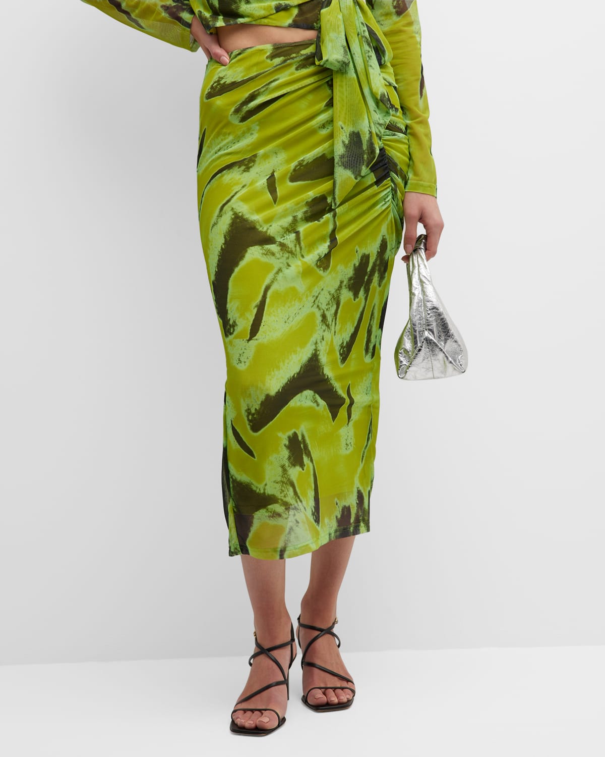 Jonathan Simkhai Standard Kensingten Printed Mesh Midi Skirt In Chartreuse Multi