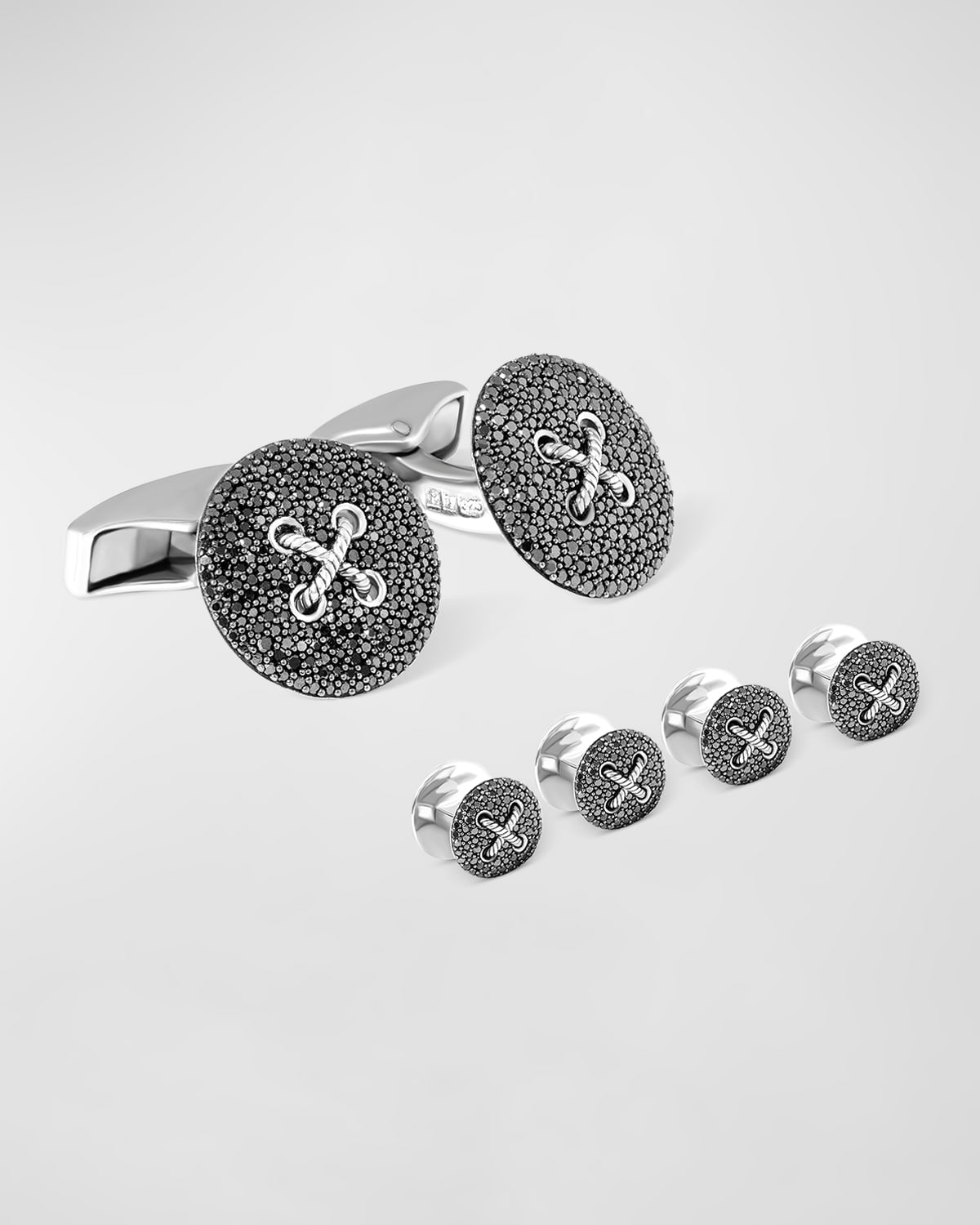 Men's Black Diamond Button Cufflinks and Shirt Stud Set