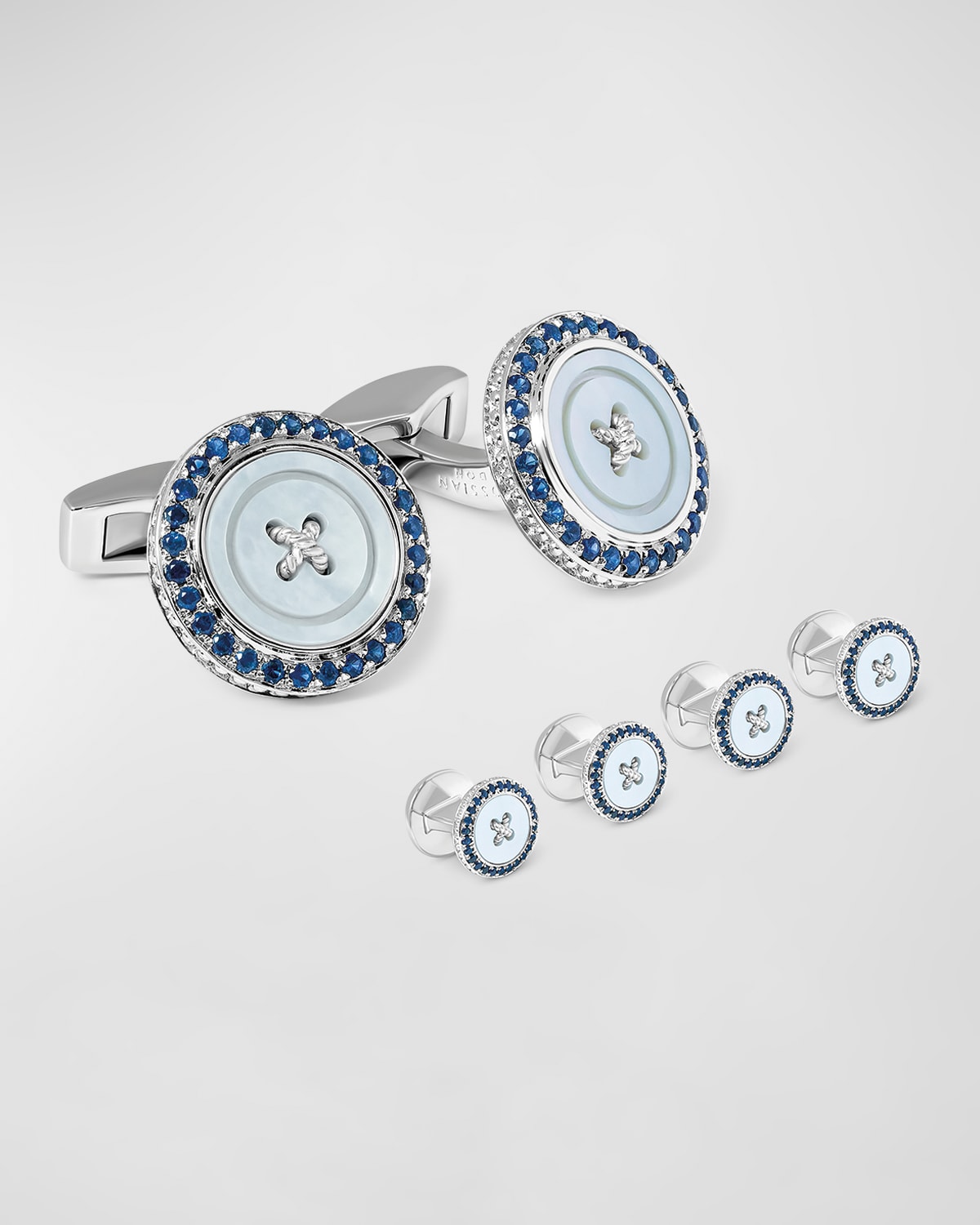 Men's Mother-of-Pearl and Sapphire Button Cuff Links Stud Set