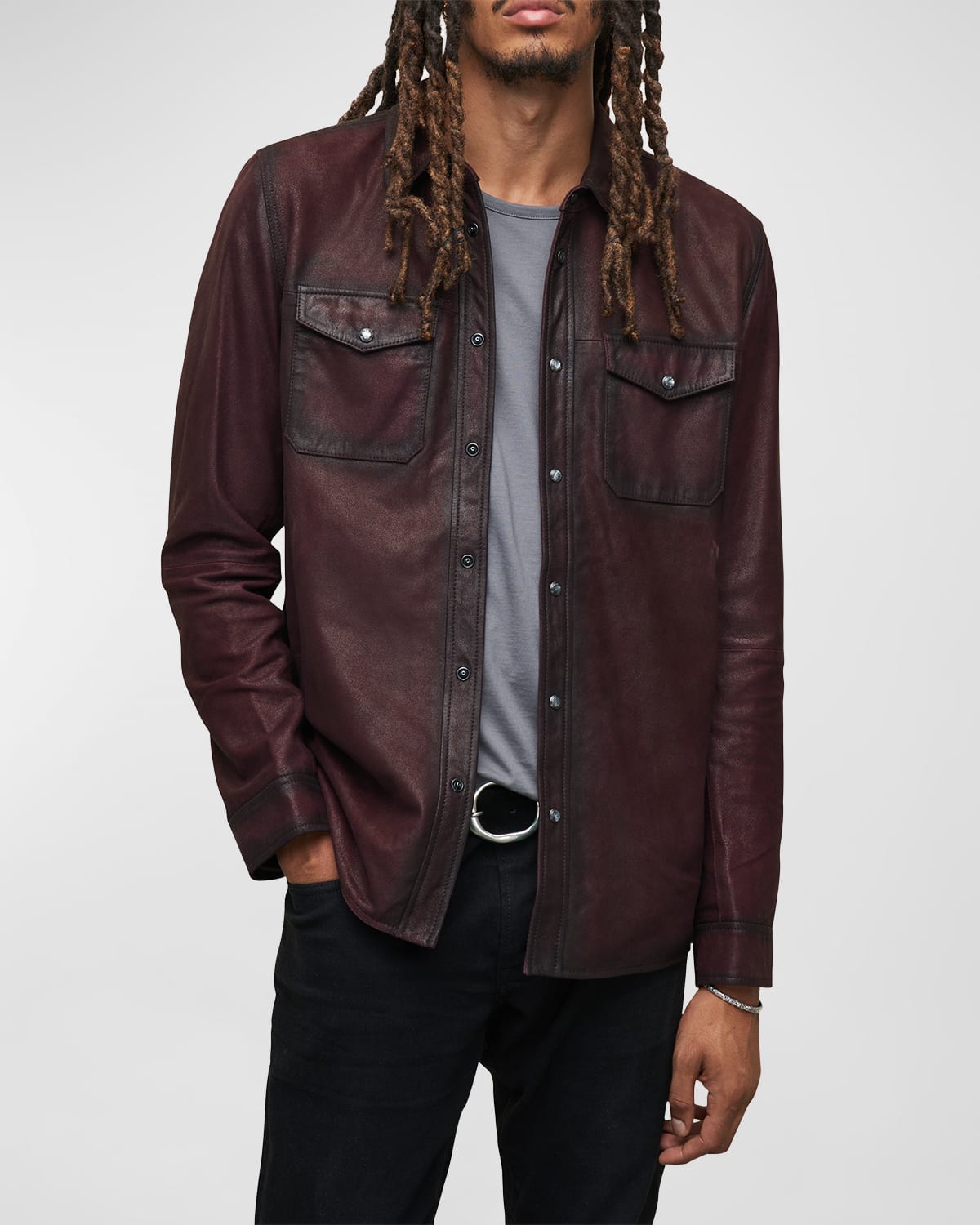 John Varvatos Lionell Snap Front Leather Shirt Jacket In Dark Plum