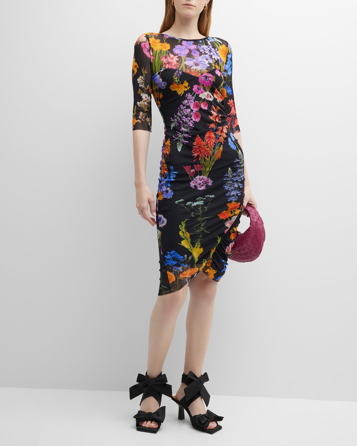 Ruched Floral-Print Bodycon Tulle Dress