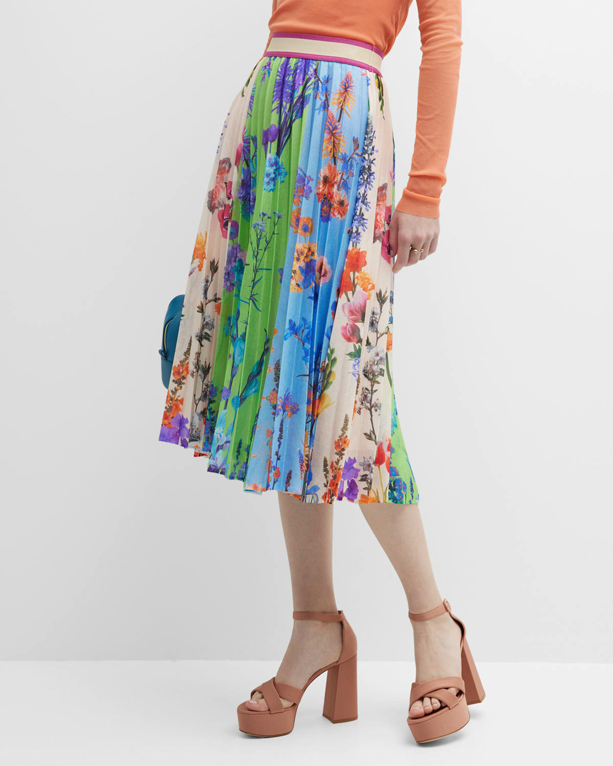 Fuzzi Pleated Floral-Print A-Line Midi Skirt