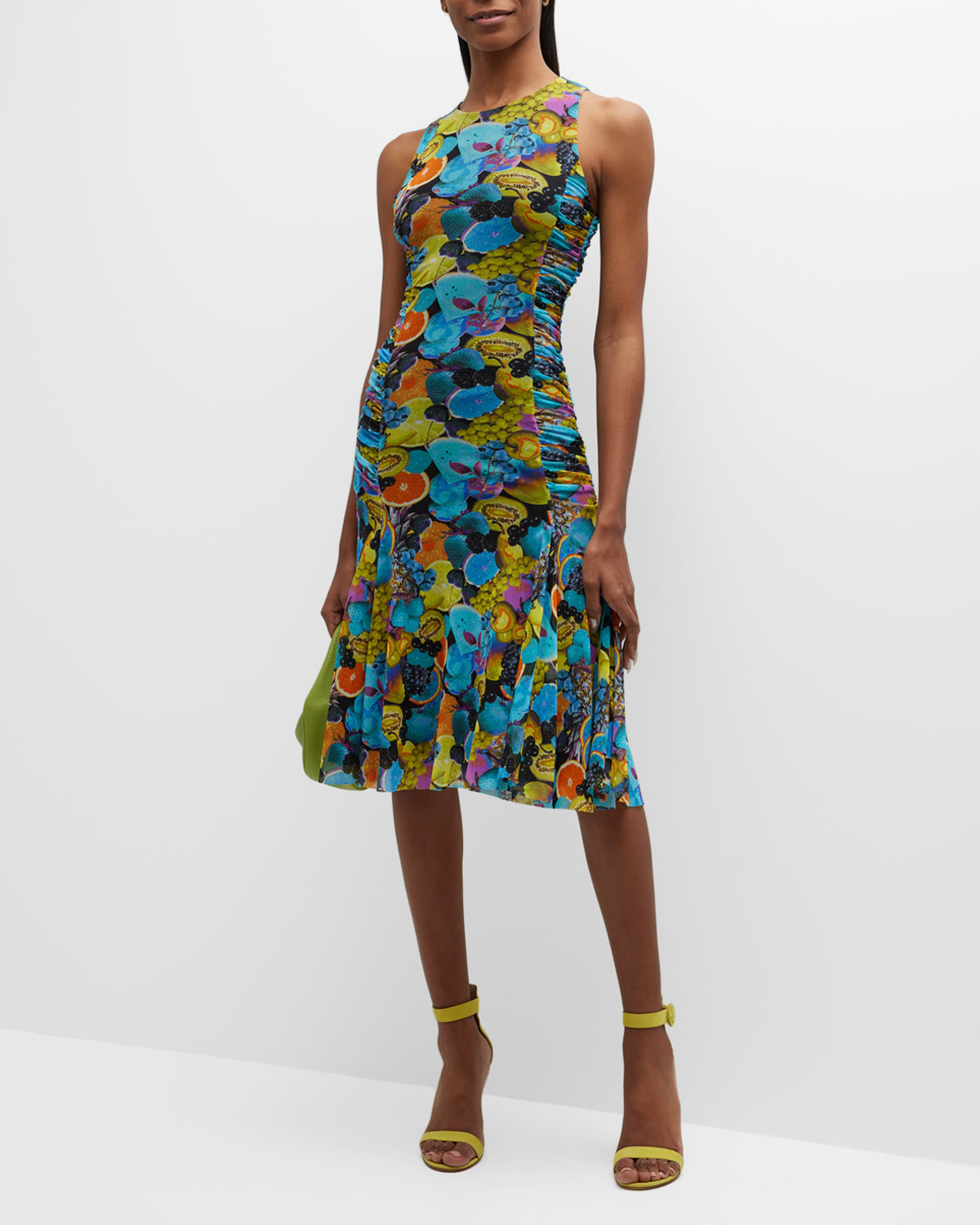Ruched Fruit-Print Tulle Midi Dress