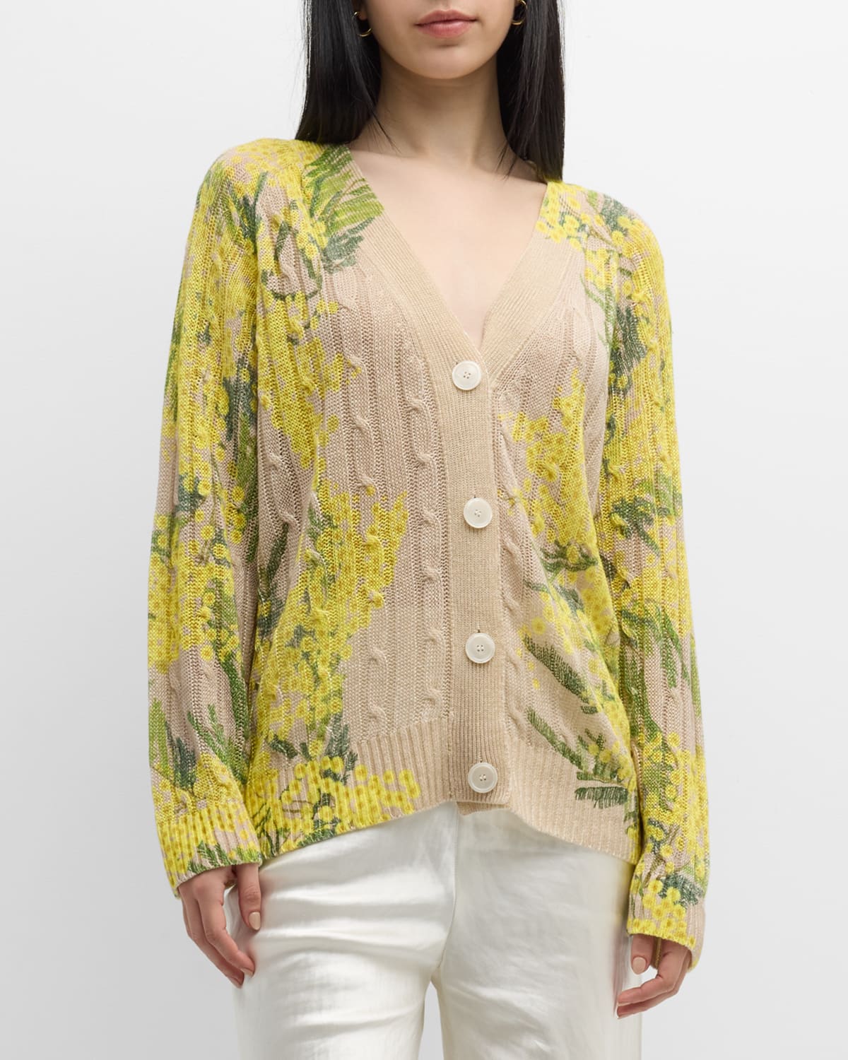 BERNADETTE Zuri Floral-Print Linen Cable-Knit Cardigan