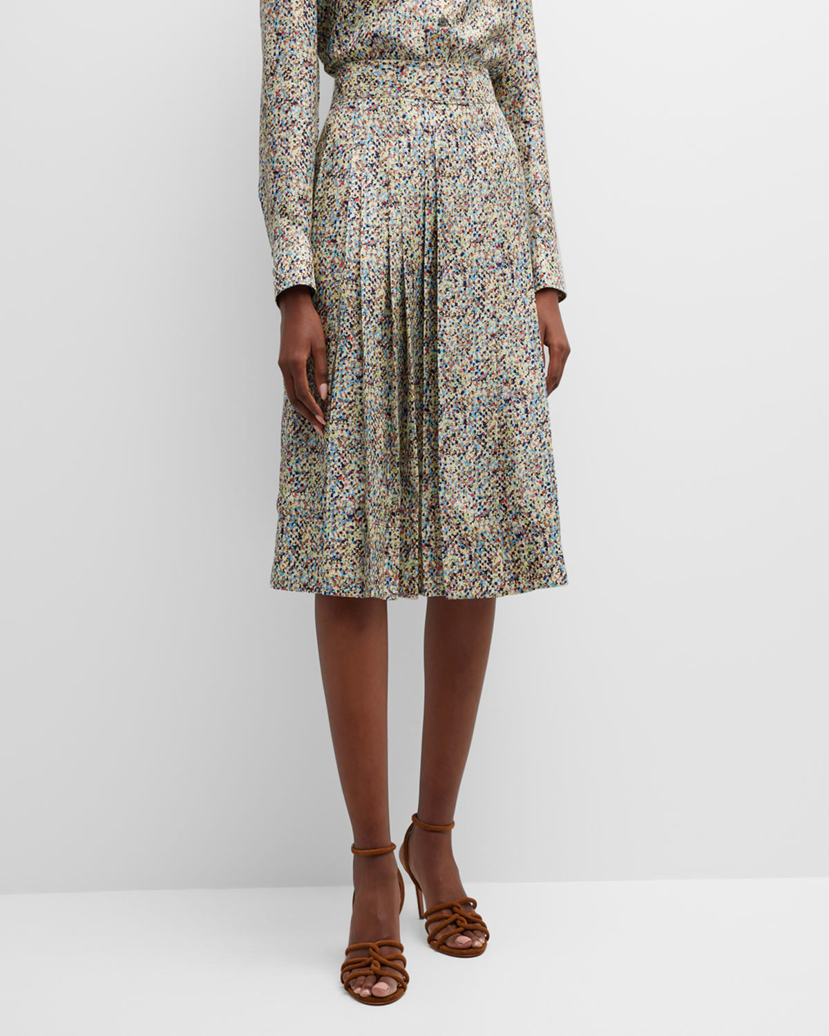Pleated Abstract-Print Midi Skirt