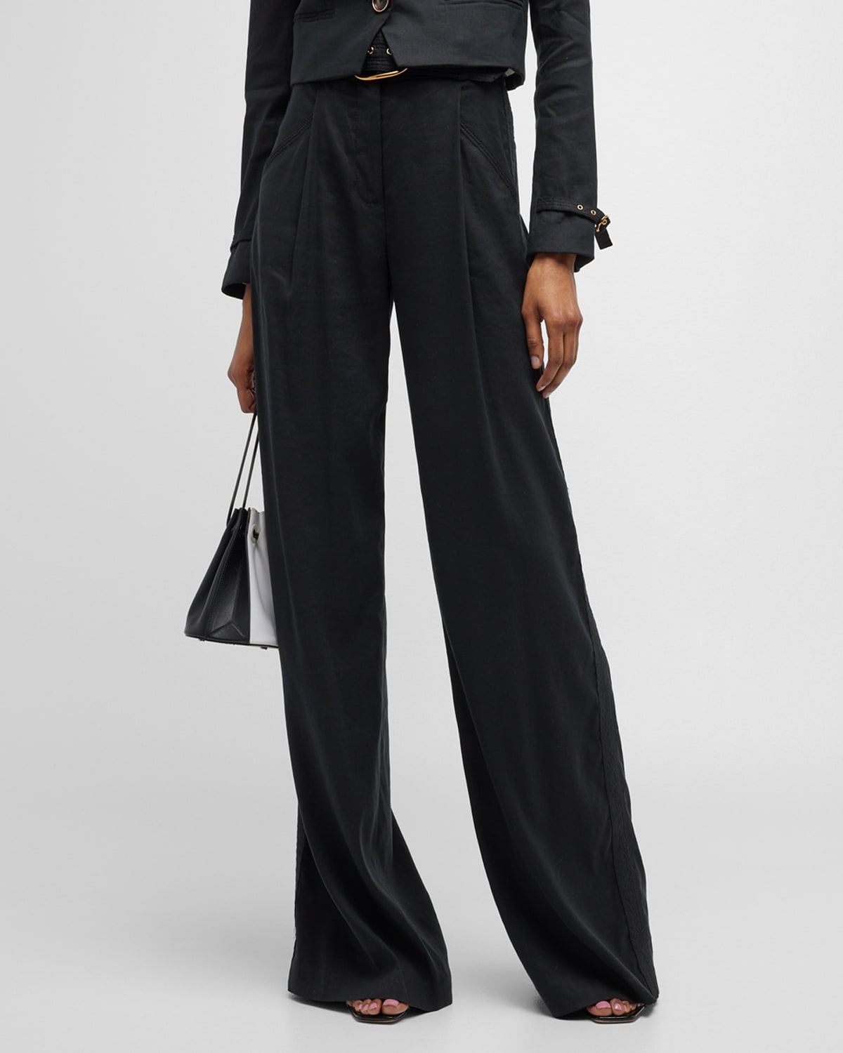 Veronica Beard Rimini Belted Wide-leg Linen Pants In Black