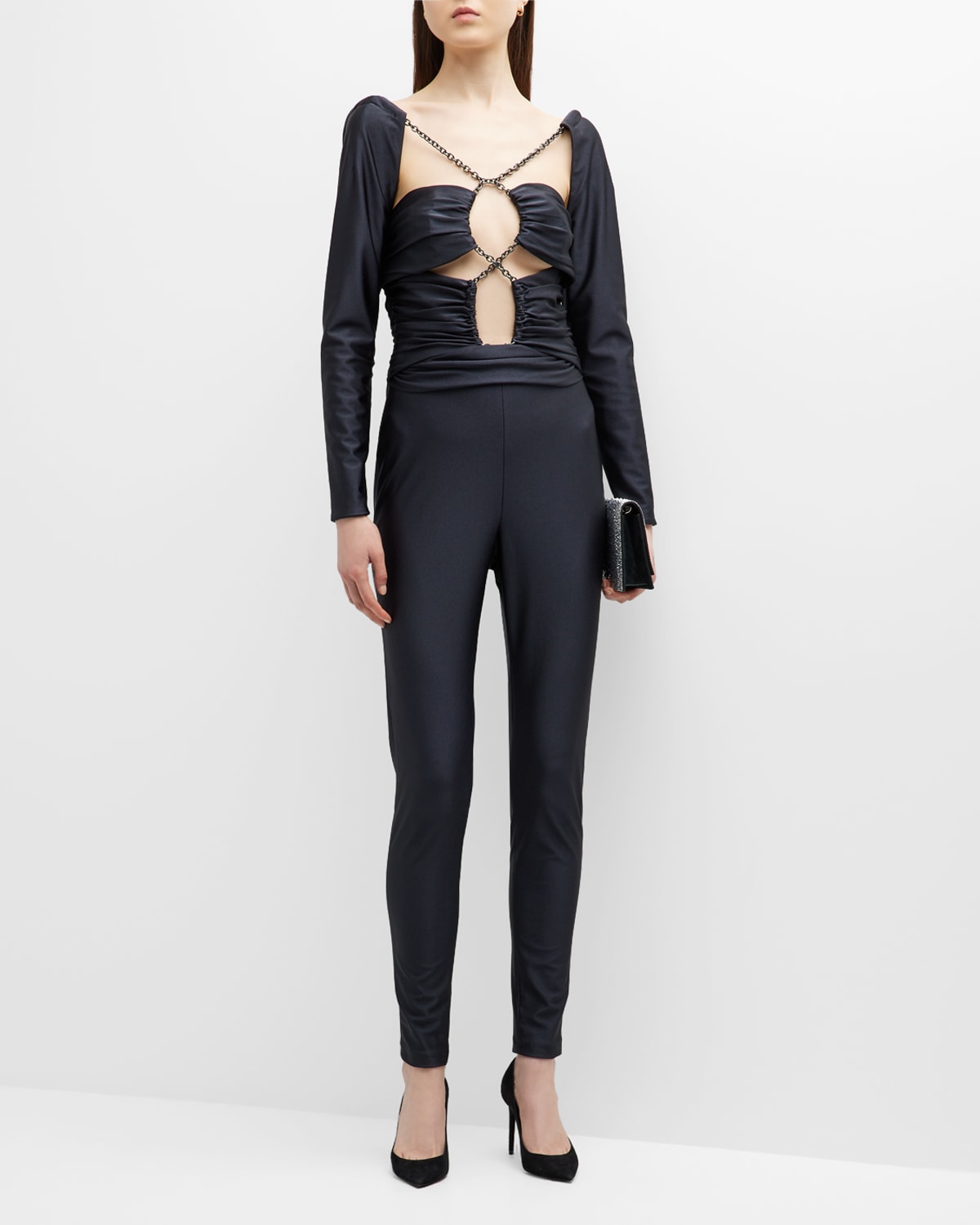 Dundas Holly Shiny Jersey Chain Jumpsuit In Black