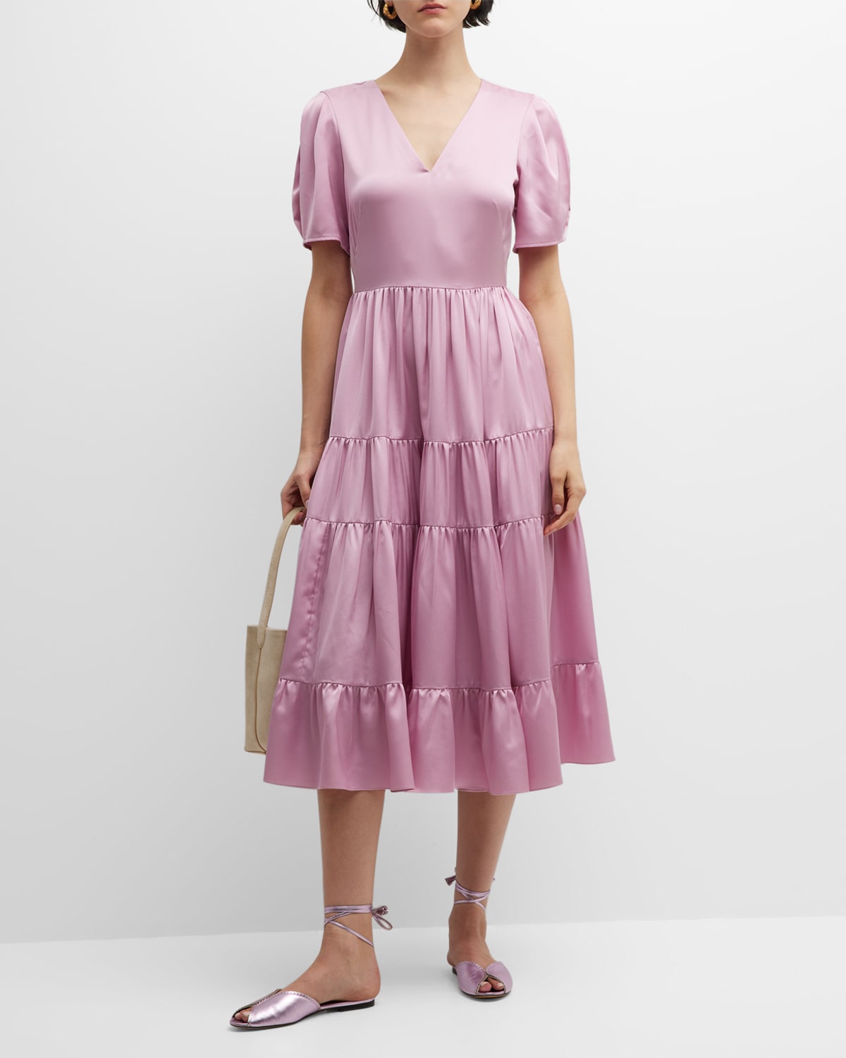 Arias New York Tiered Puff-sleeve Satin Crepe Midi Dress In Dusty Rose