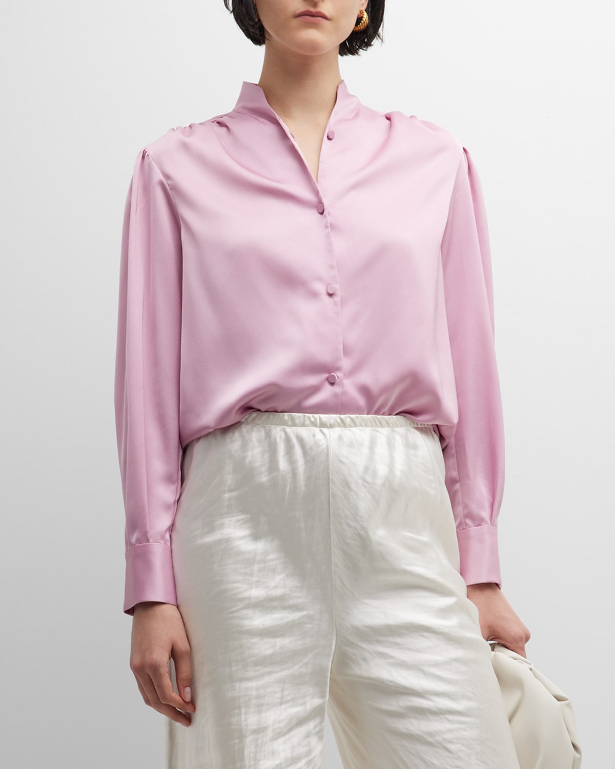 Arias New York Pleated-shoulder Button-down Satin Crepe Blouse In Dusty Rose
