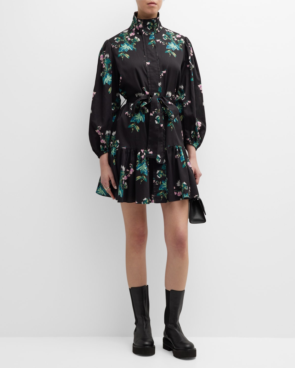 Arias New York Floral-print Blouson-sleeve Flounce Mini Dress In Black Floral