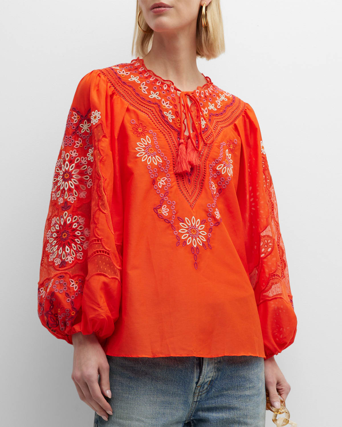 Kobi Halperin Blythe Floral-embroidered Blouson-sleeve Blouse In Flame