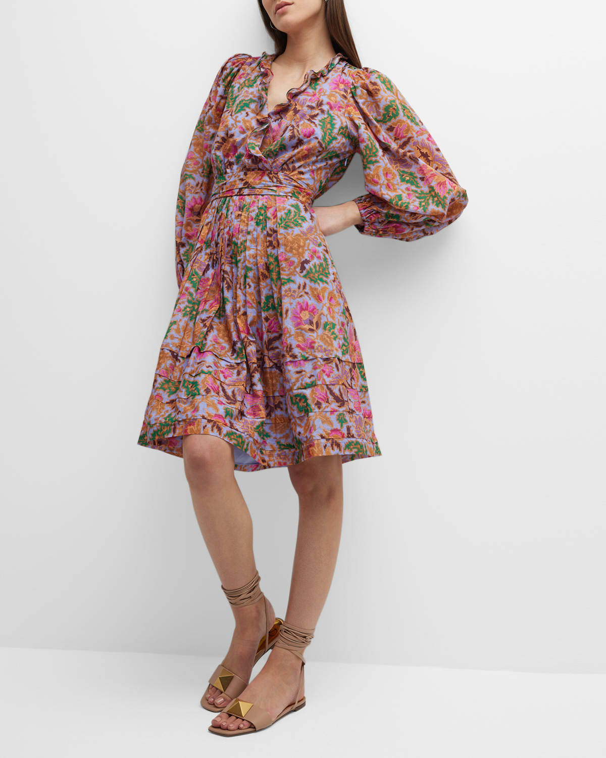 Kobi Halperin Vera Floral-print Blouson-sleeve Midi Dress In Lavender Multi
