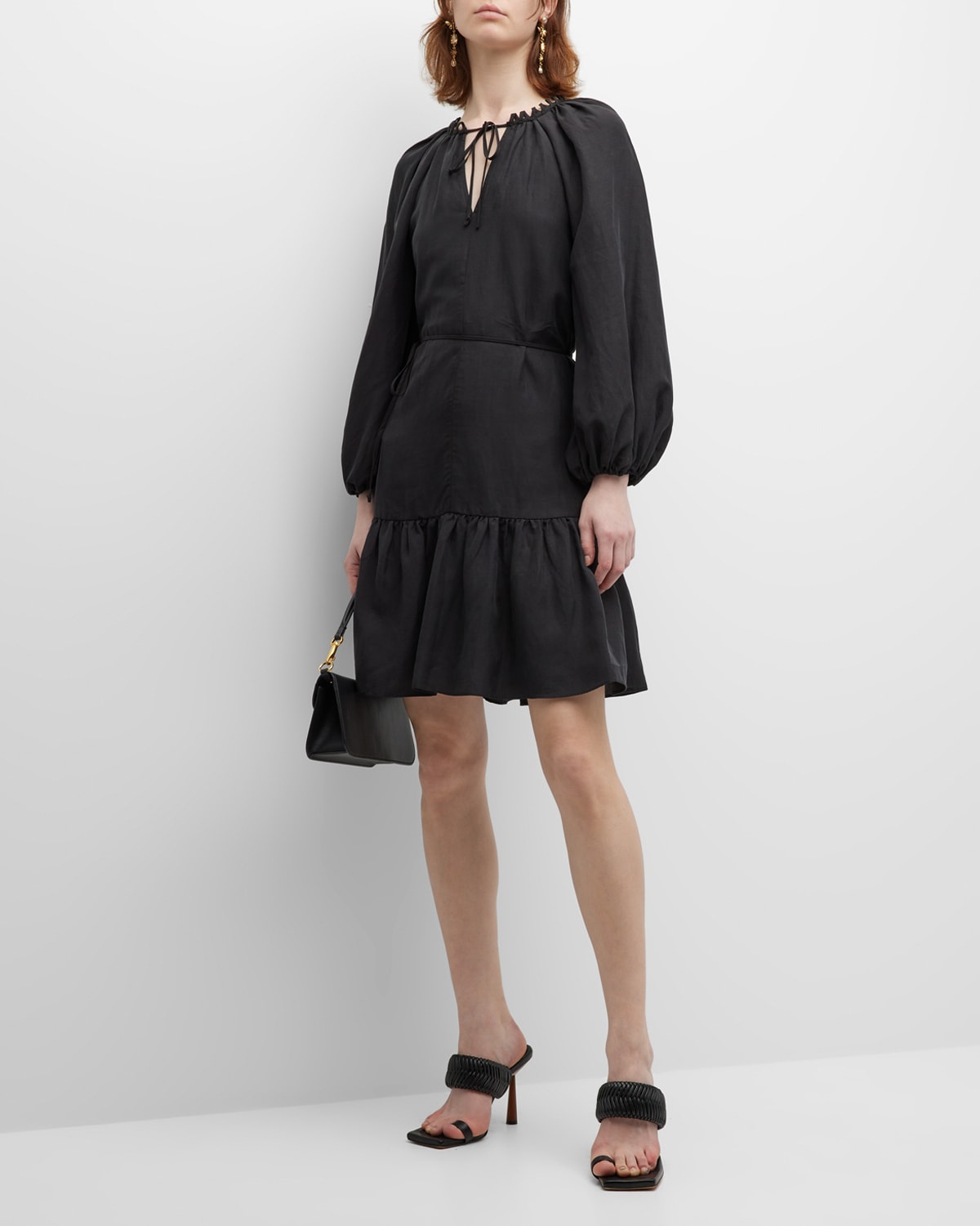 Ruby Blouson-Sleeve Keyhole Linen Midi Dress