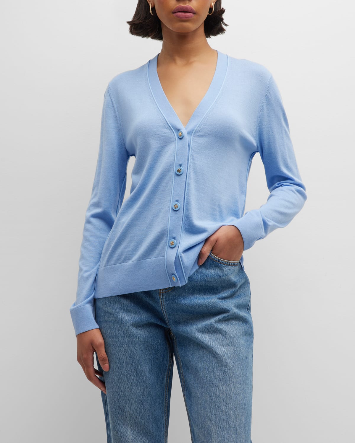 Tory Burch Simone Button-down Wool-silk Cardigan In Cerulean Sky