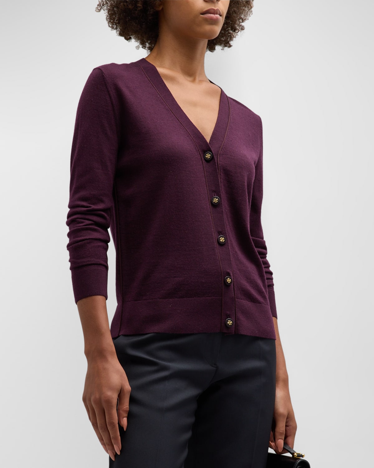 Tory Burch Fine-knit V-neck Cardigan In Evening Plum