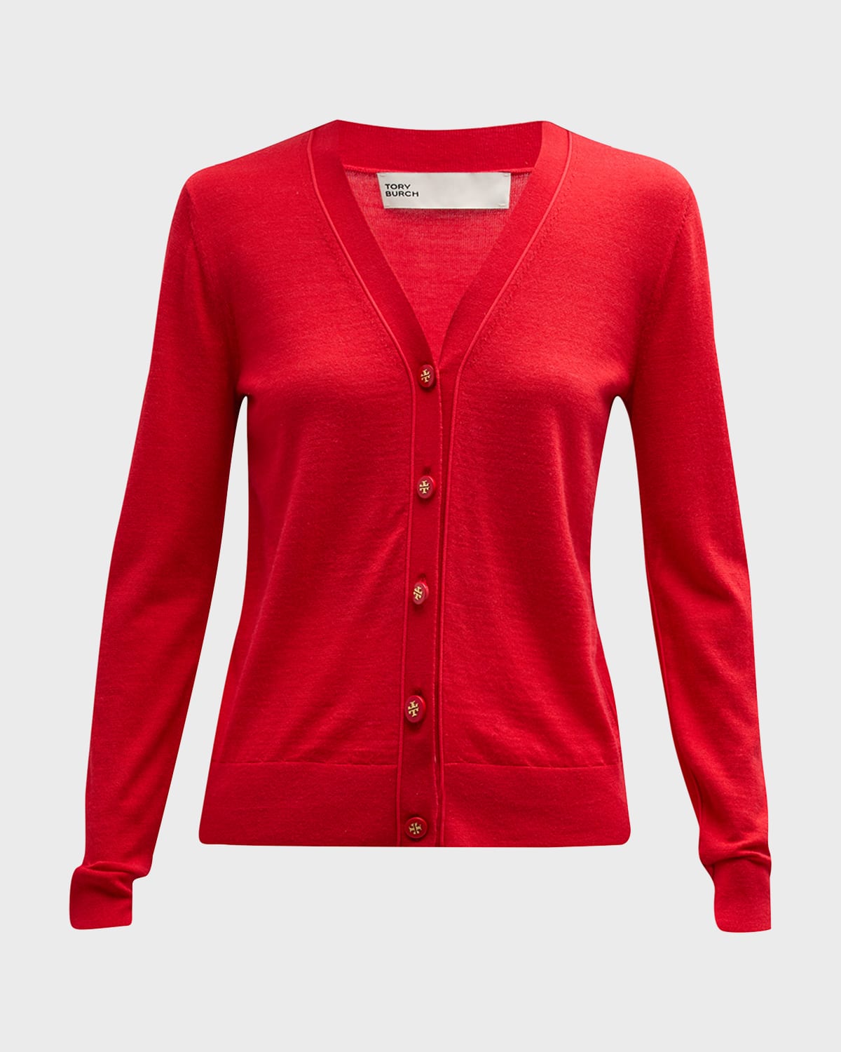 Tory Burch Simone Button-down Wool-silk Cardigan In Scarlet