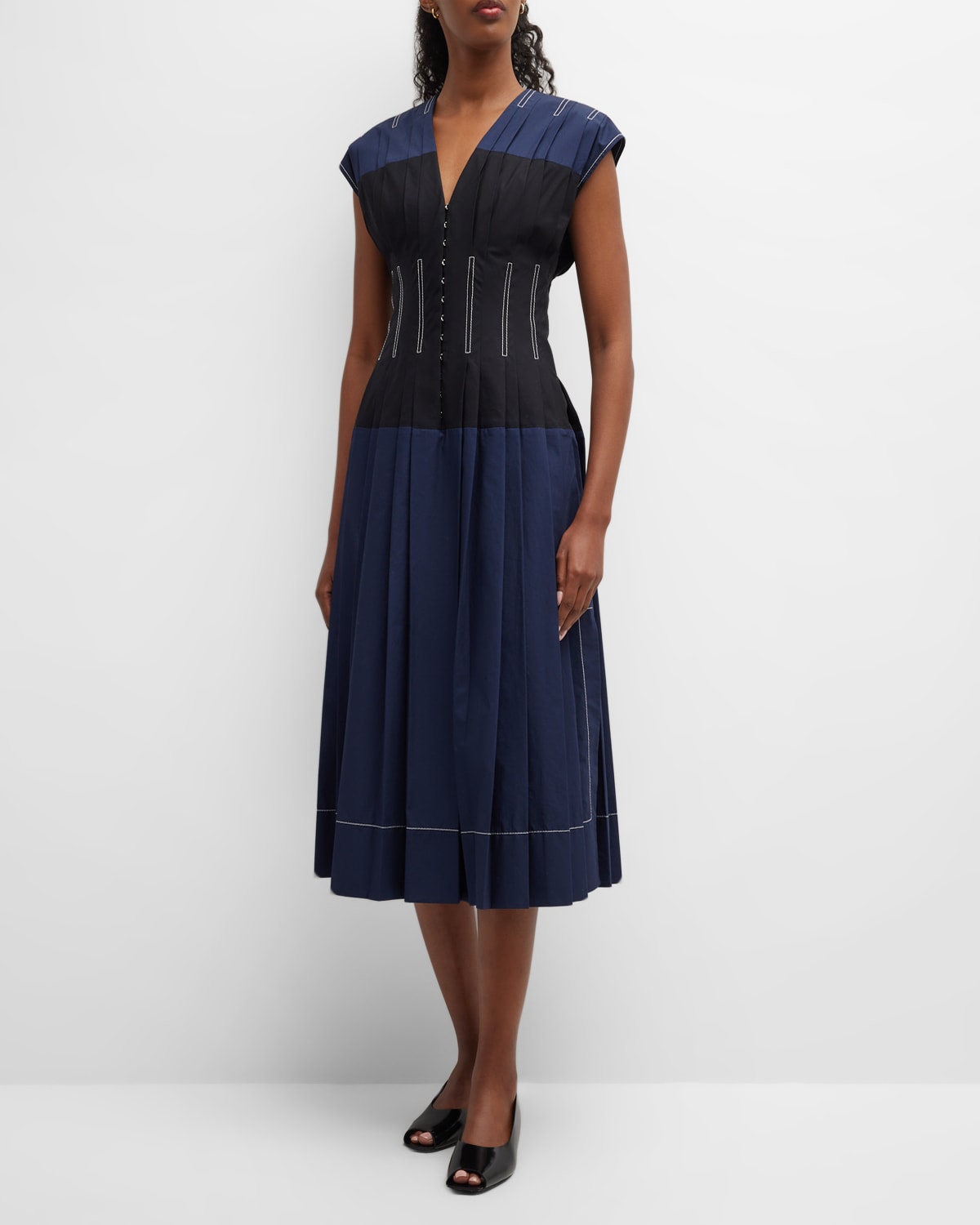 Tory Burch Pleated Cap sleeve Cotton Poplin Midi Dress In Tory
