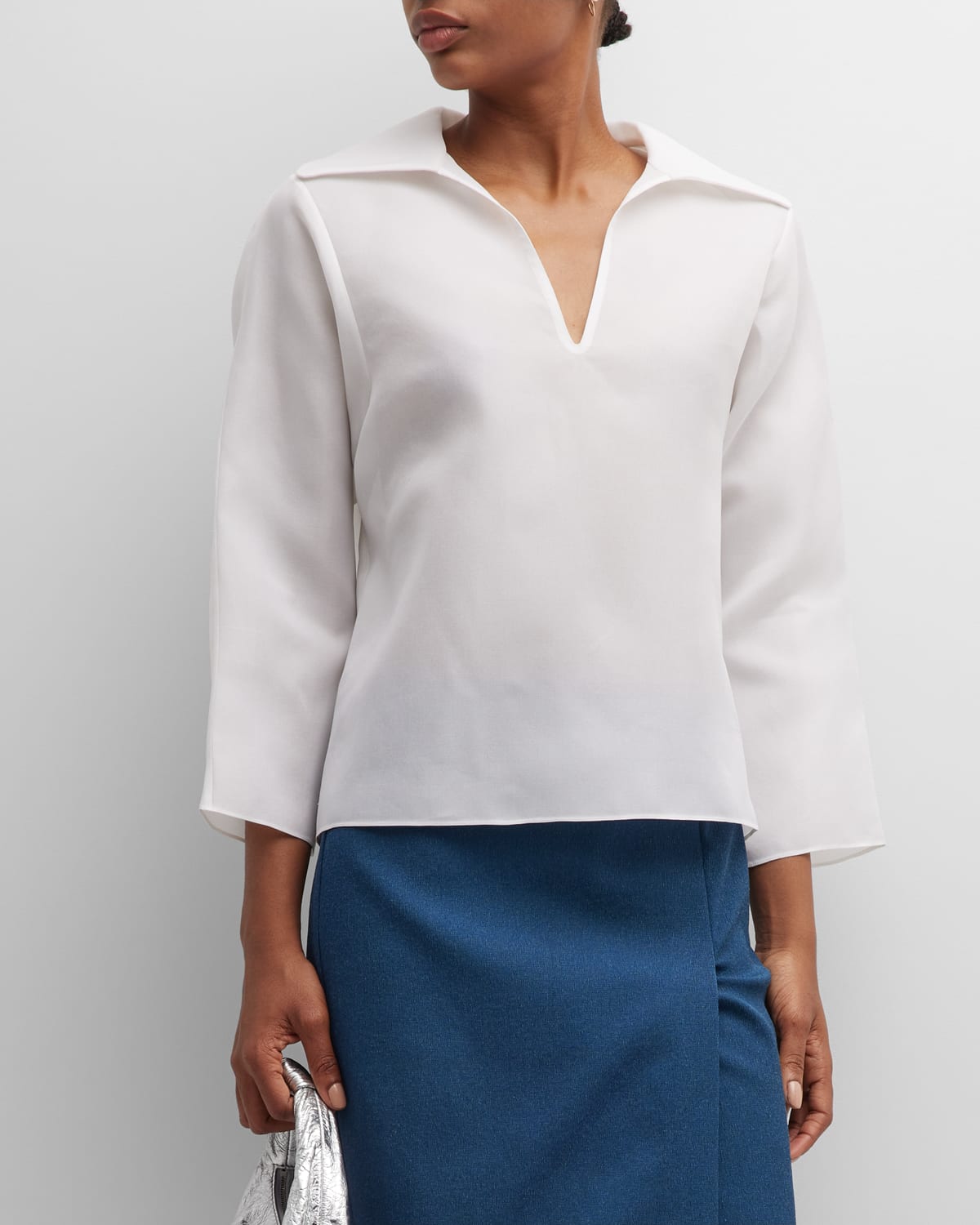 Tory Burch V-neck 3/4-sleeve Silk Gazar Tunic In White