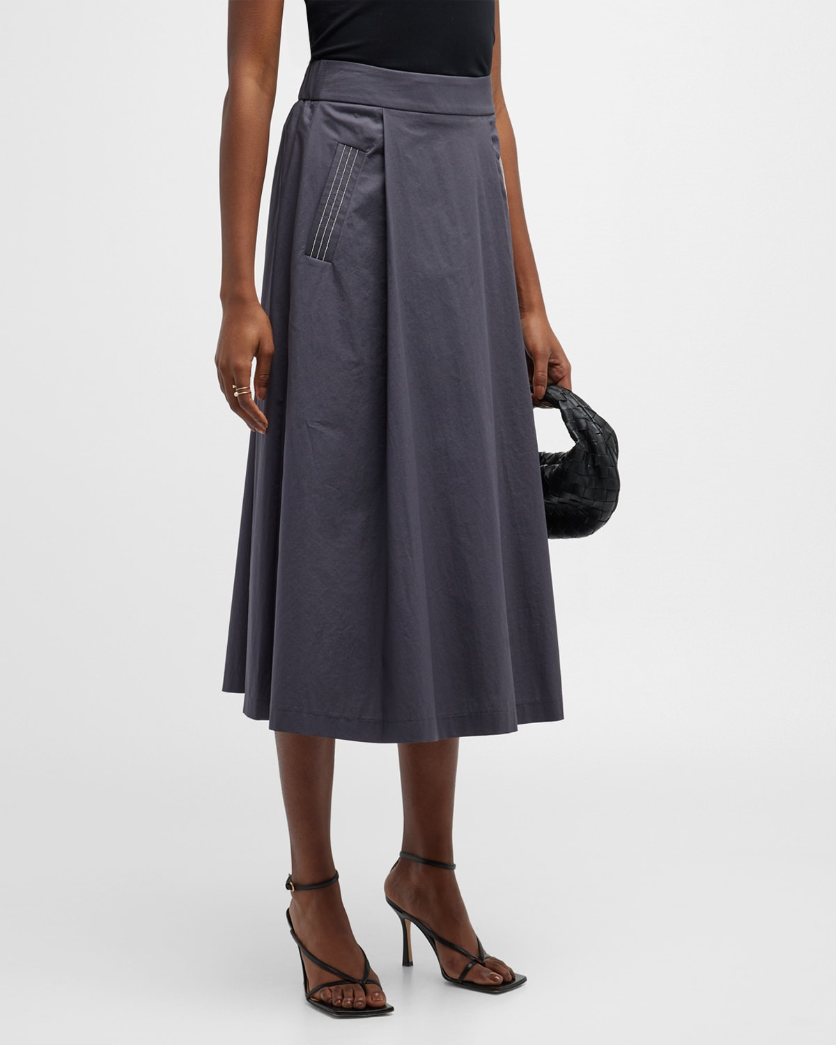 Pleated Beaded-Trim A-Line Midi Skirt