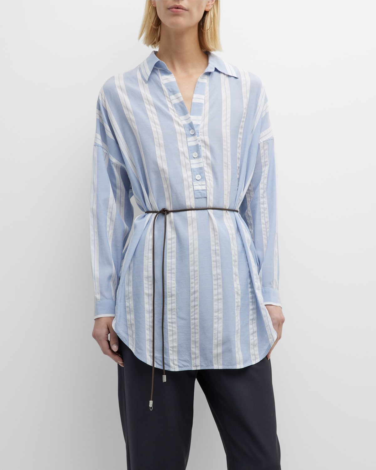 Belted Striped Button-Front Shirt