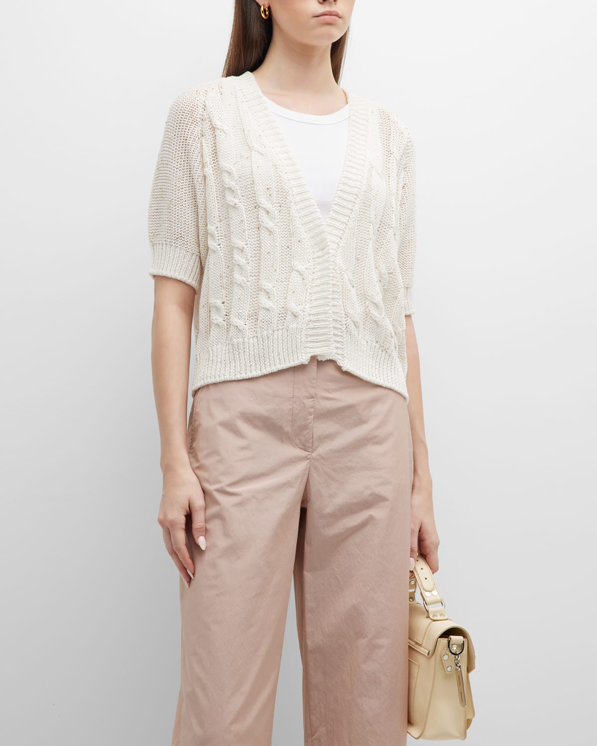 Cable-Knit Sequin Short-Sleeve Cardigan