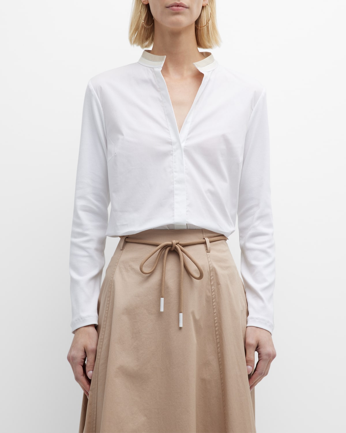 Poplin Button-Front Shirt with Jersey Trim