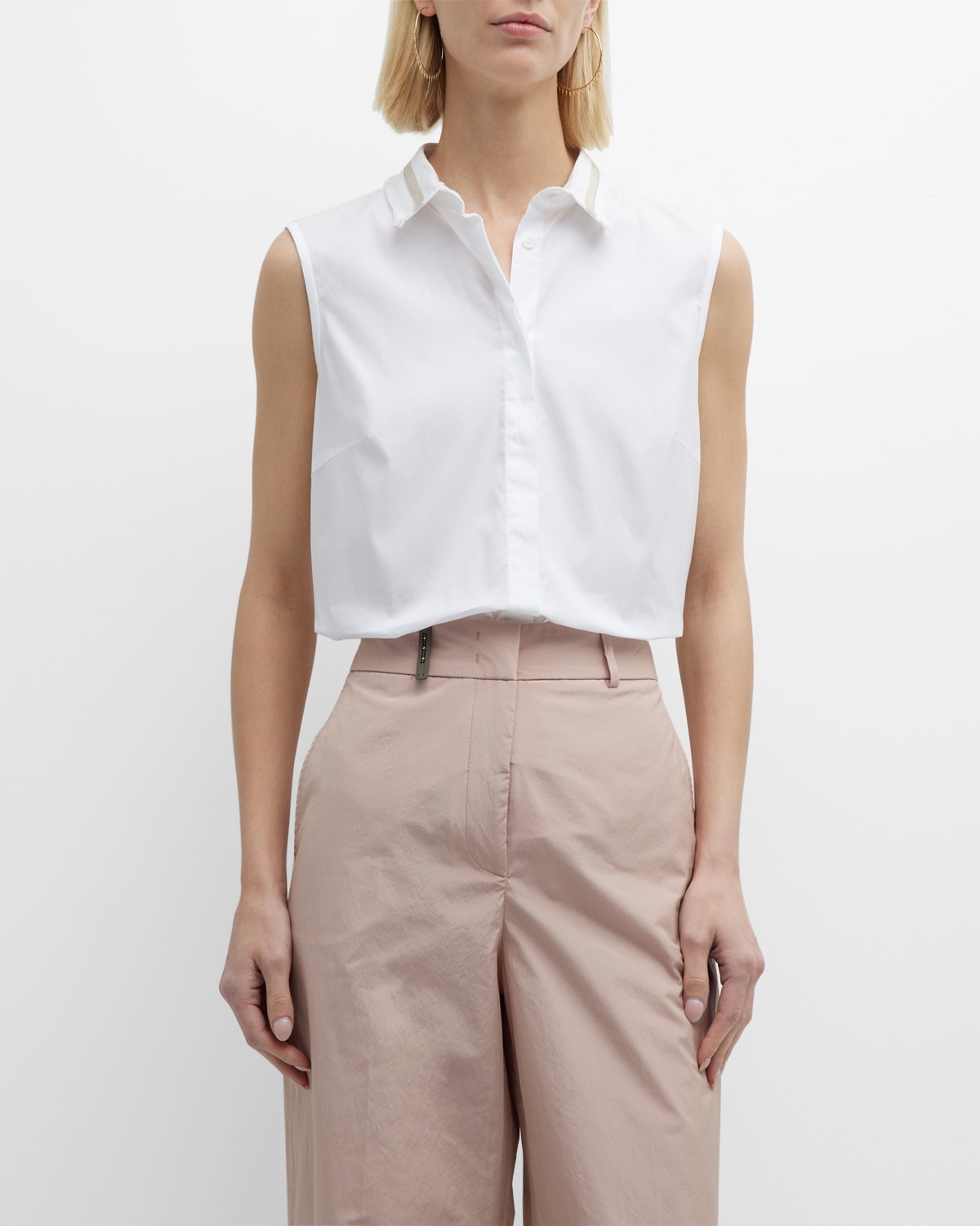 Sleeveless Button-Front Shirt with Jersey Trim